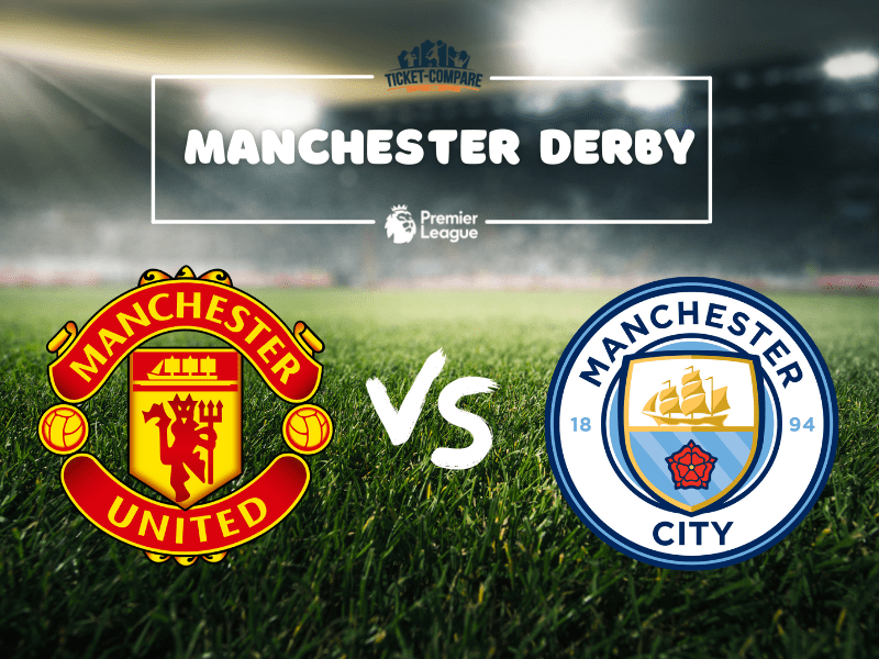 Manchester United und Manchester City Wappen auf einem Spielfeld