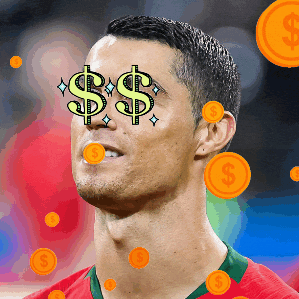 Gif: Ronaldo mit Dollarzeichen in den Augen und Münzregen