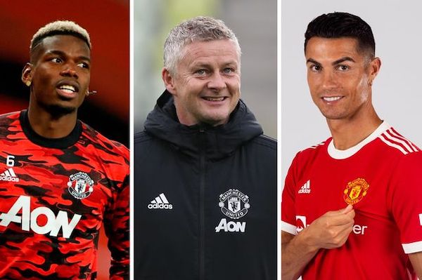 Paul Pogba, Ole Gunnar Solskjær und Cristiano Ronaldo