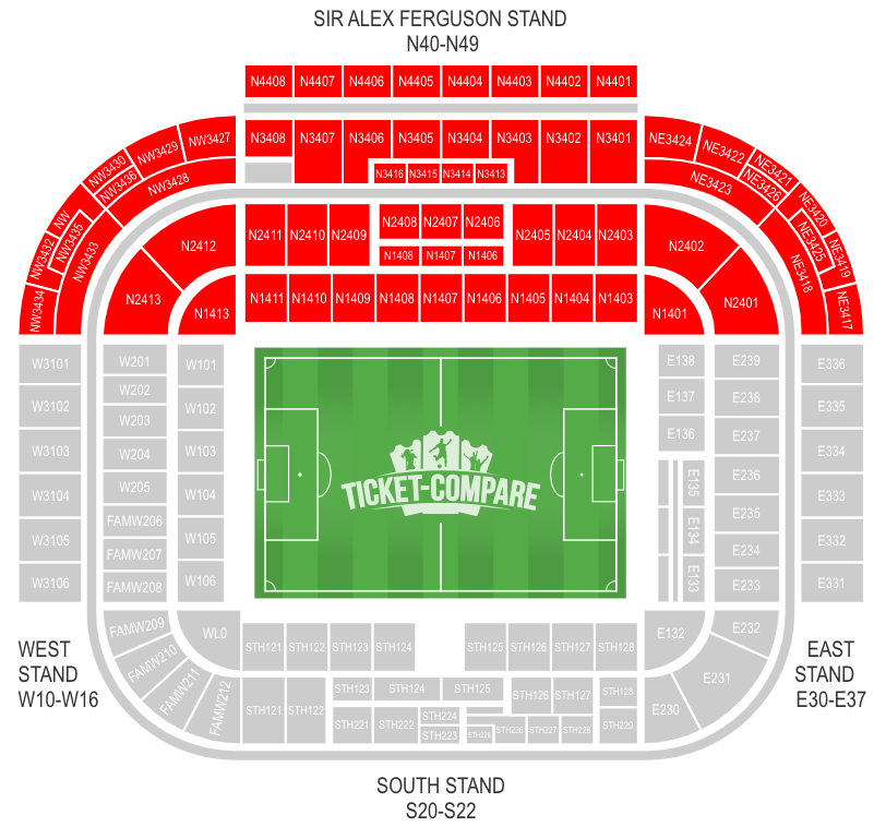 Old Trafford Sitzplan mit hervorgehobenem Sir Alex Ferguson Stand