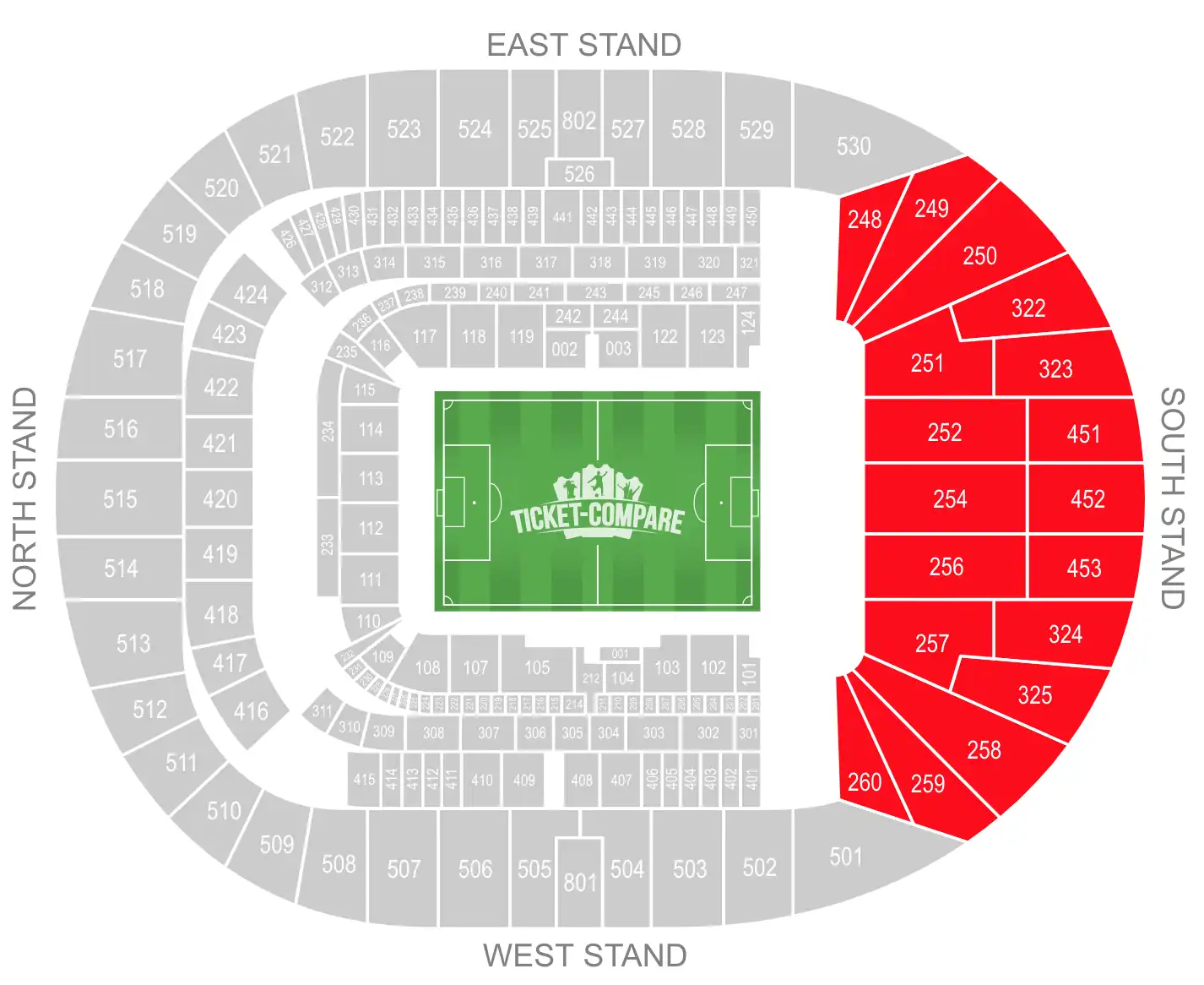 Tottenham Hotspur Stadium Seating Plan mit South Stand hervorgehoben