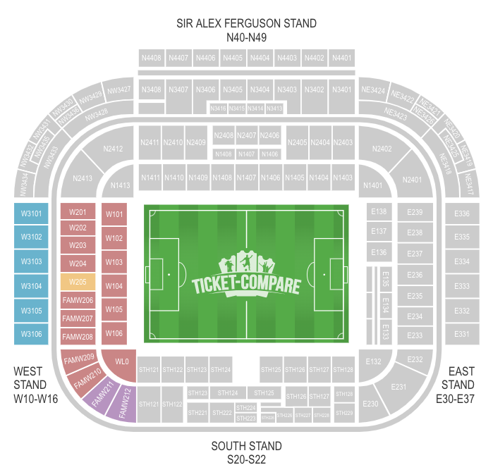 Old Trafford Sitzplan mit hervorgehobenem West Stand