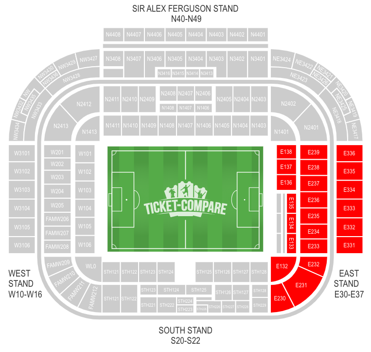 Old Trafford Sitzplan mit hervorgehobenem East Stand