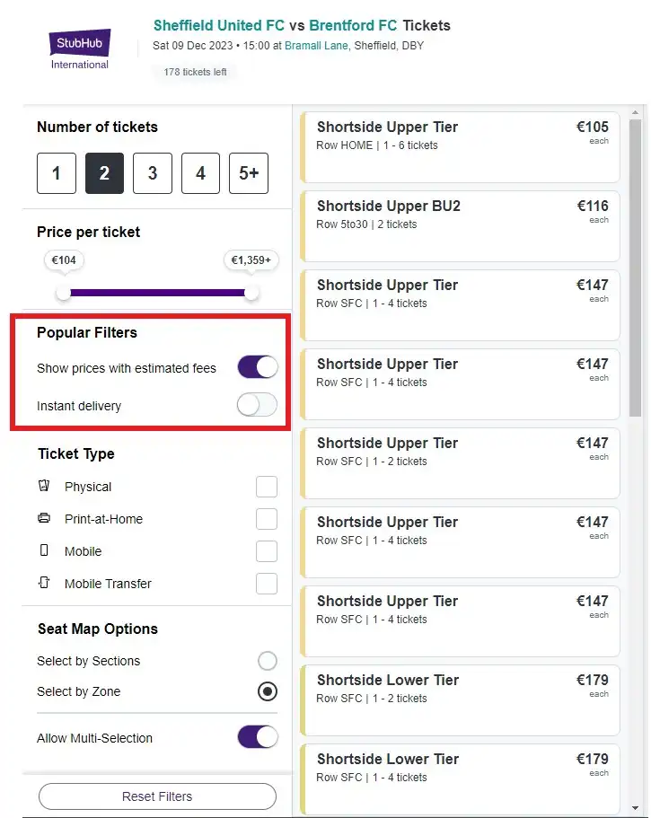Screenshot von StubHub Filtern