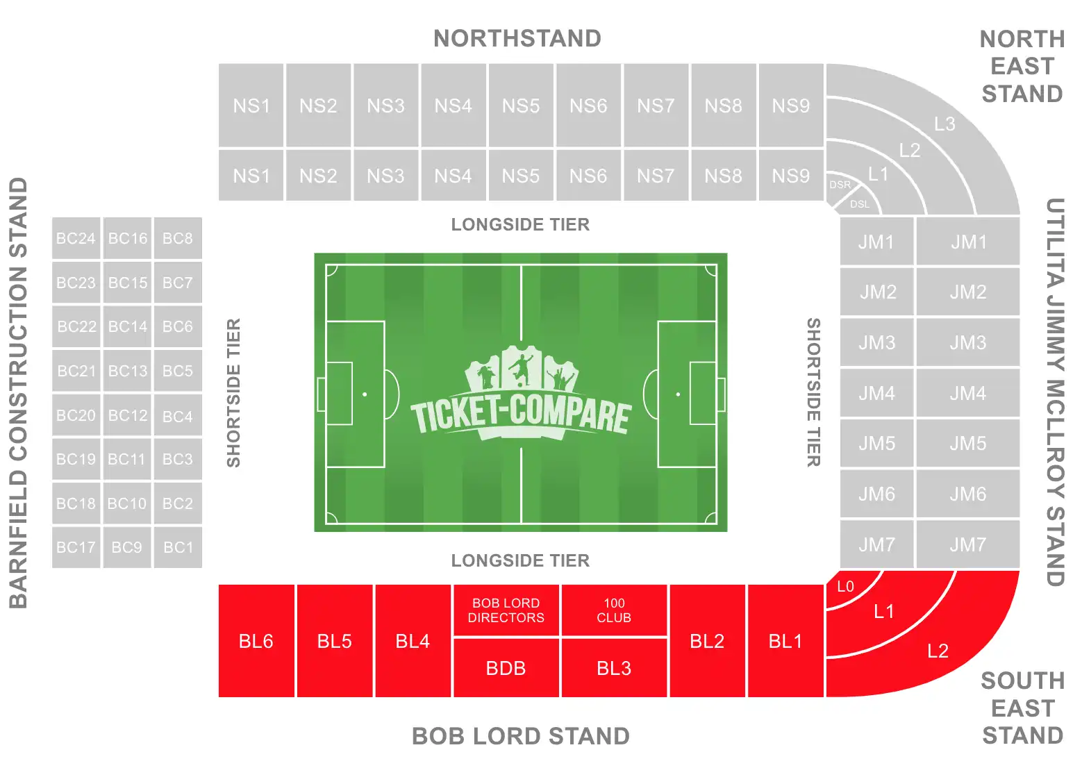 Turf Moor Stadion Sitzplan mit Bob Lord Stand Hervorhebung