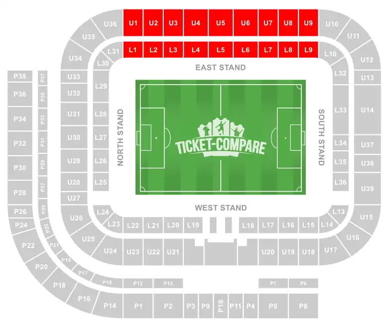 Stadium of Light Sitzplan – East Stand hervorgehoben