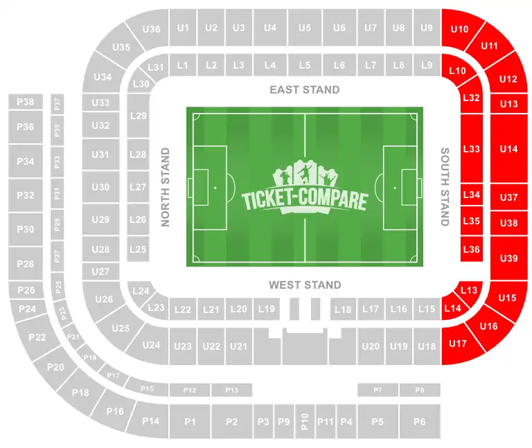 Stadium of Light Sitzplan – South Stand hervorgehoben