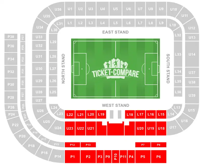 Stadium of Light Sitzplan – West Stand hervorgehoben
