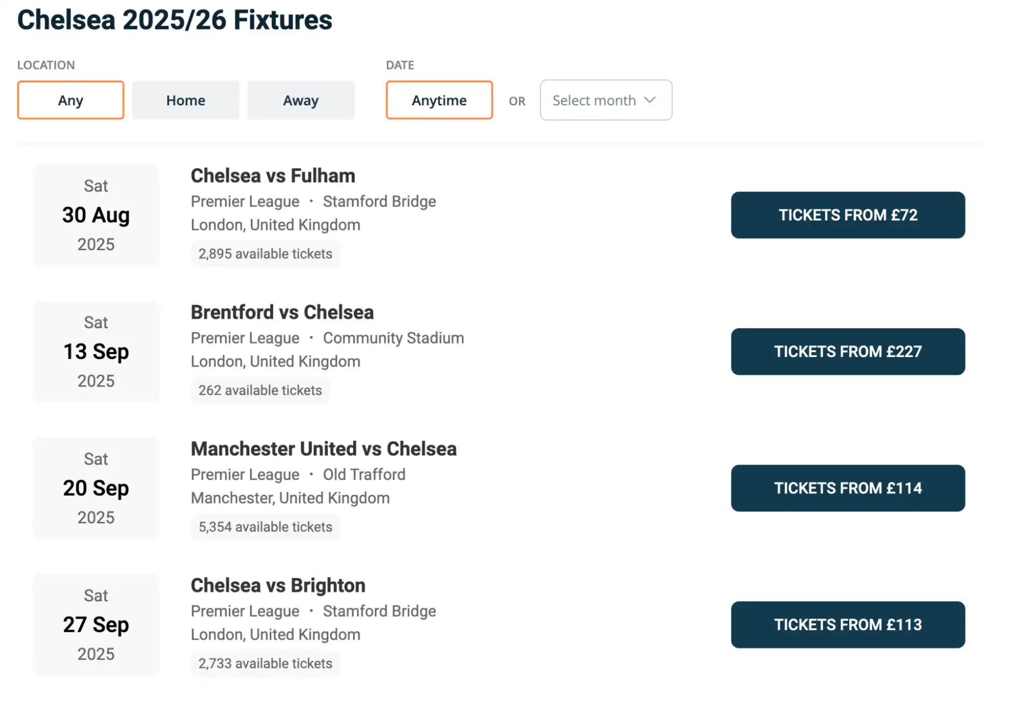 screenshot Chelsea Fixtures
