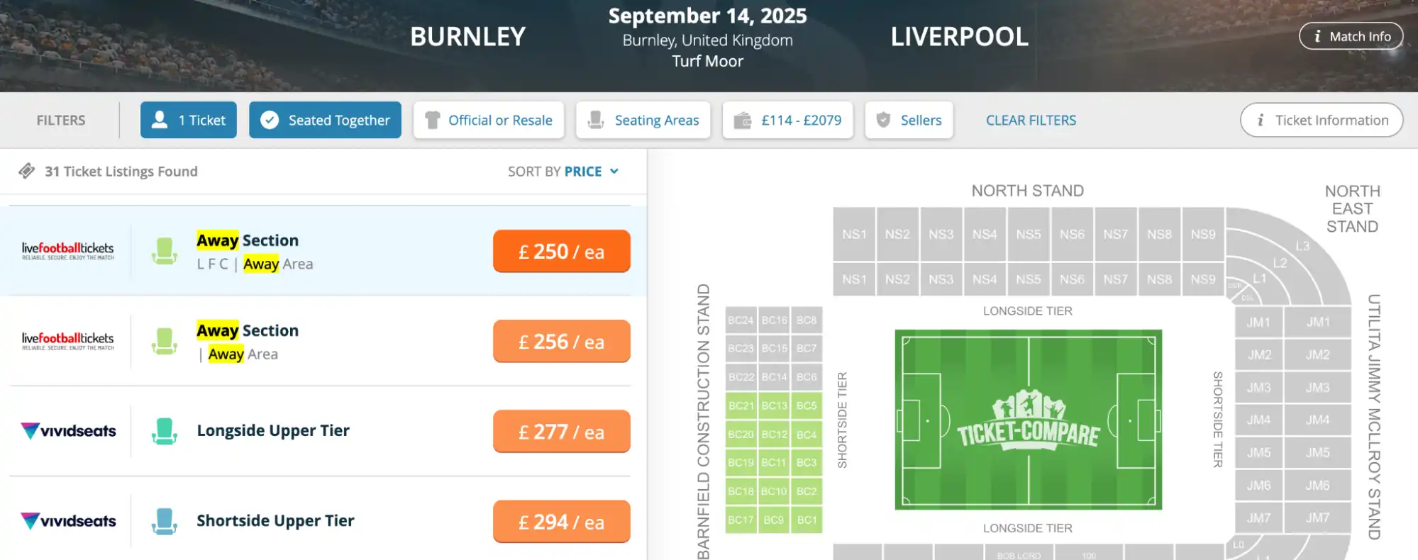 screenshot of Liverpool vs Burnley tickets