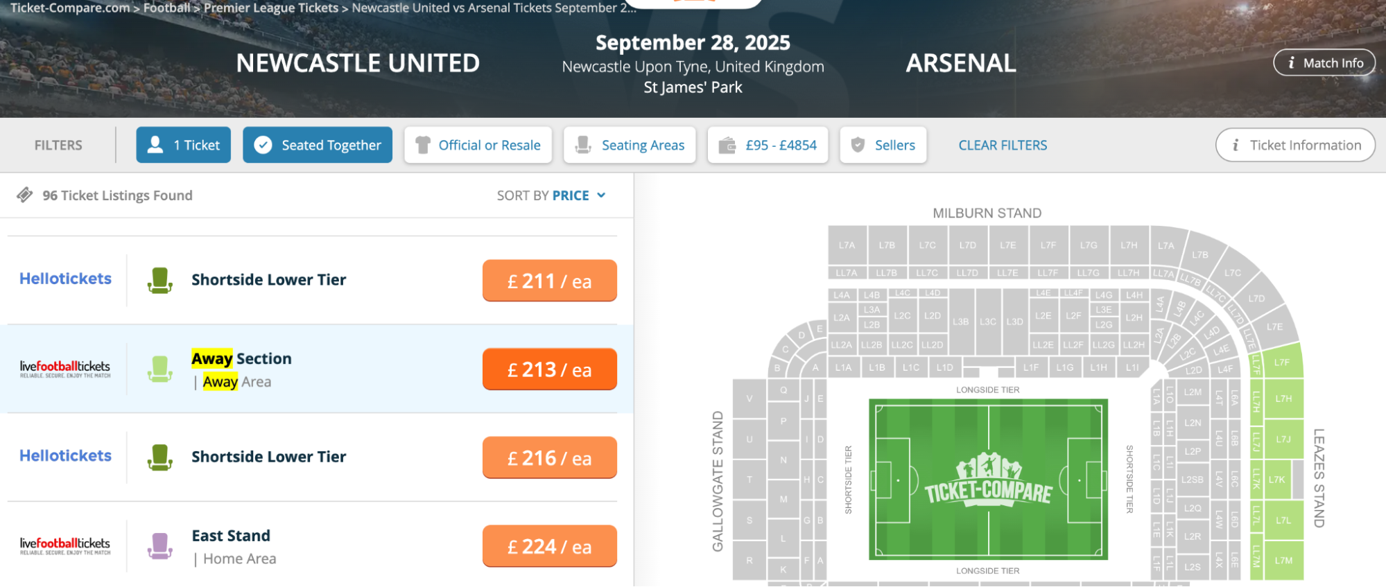 Screenshot of Newcastle vs Arsenal football tickets