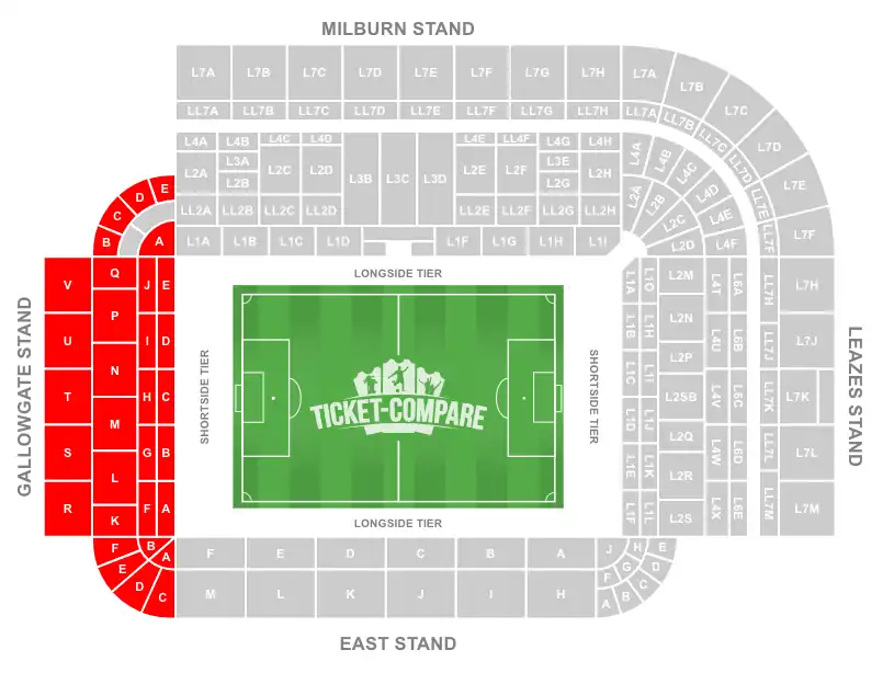 Sitzplan mit hervorgehobenem Gallowgate Stand