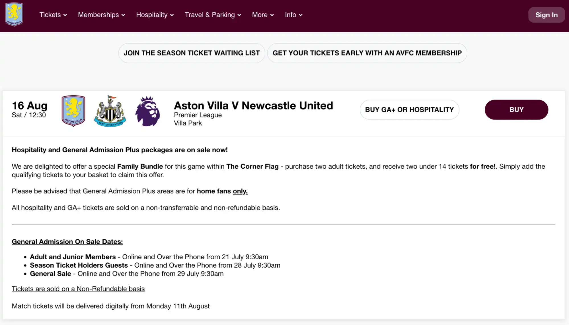 screenshot Aston Villa Website