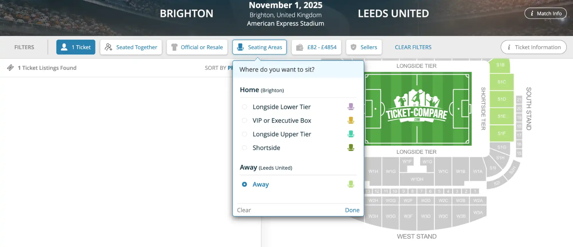 screenshot of 'Setting areas' dropdown menu