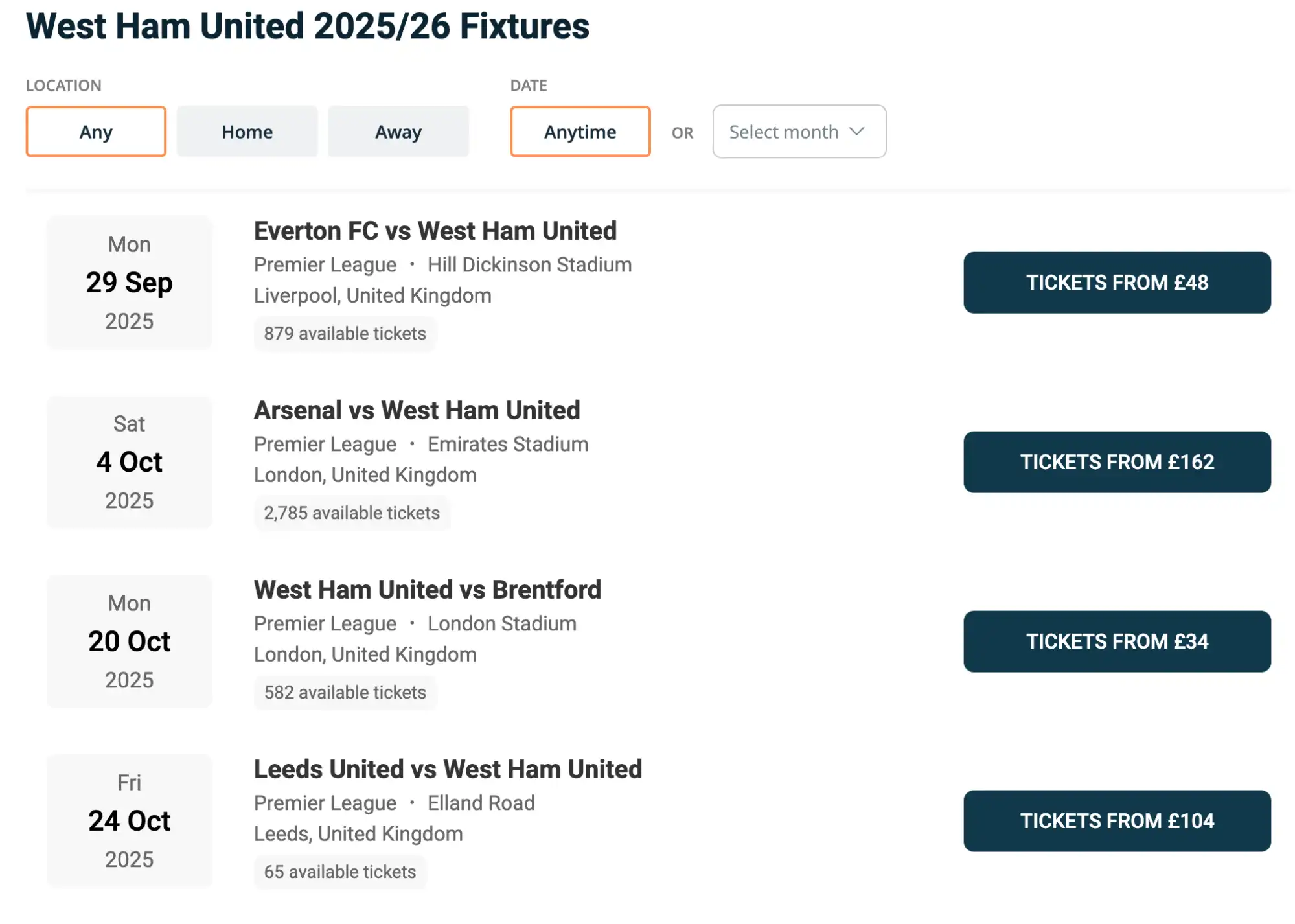 screenshot of West Ham United fixtures on ticket-compare.com