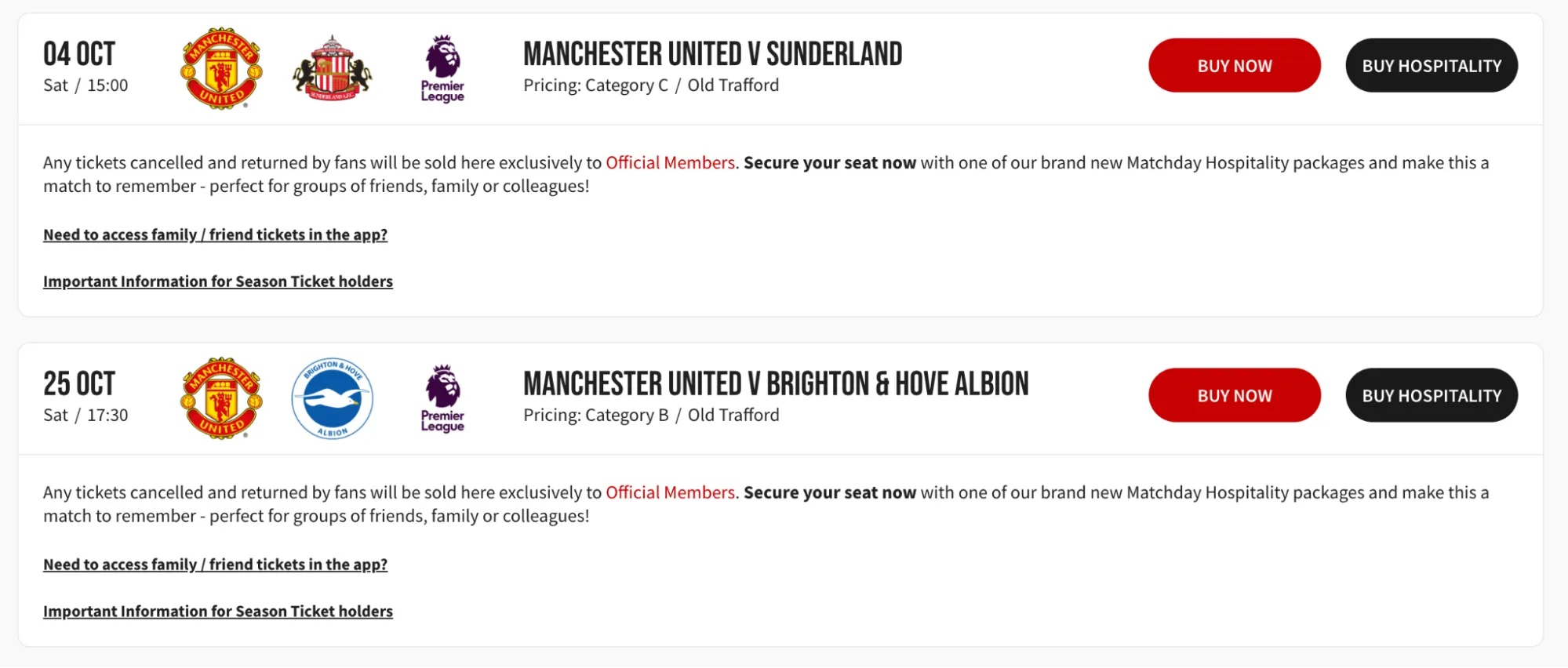 screenshot of fixtures on manchester united website