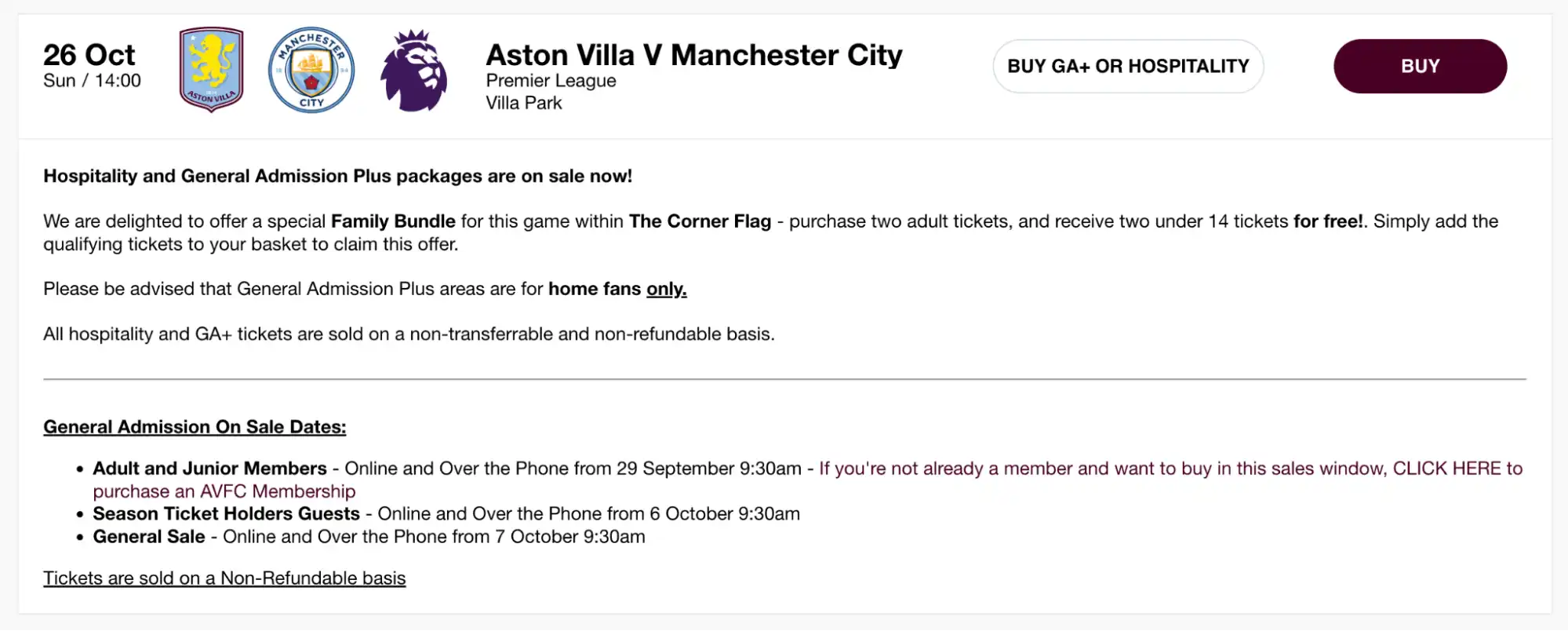 Screenshot der AVFC vs MCFC Tickets-Seite