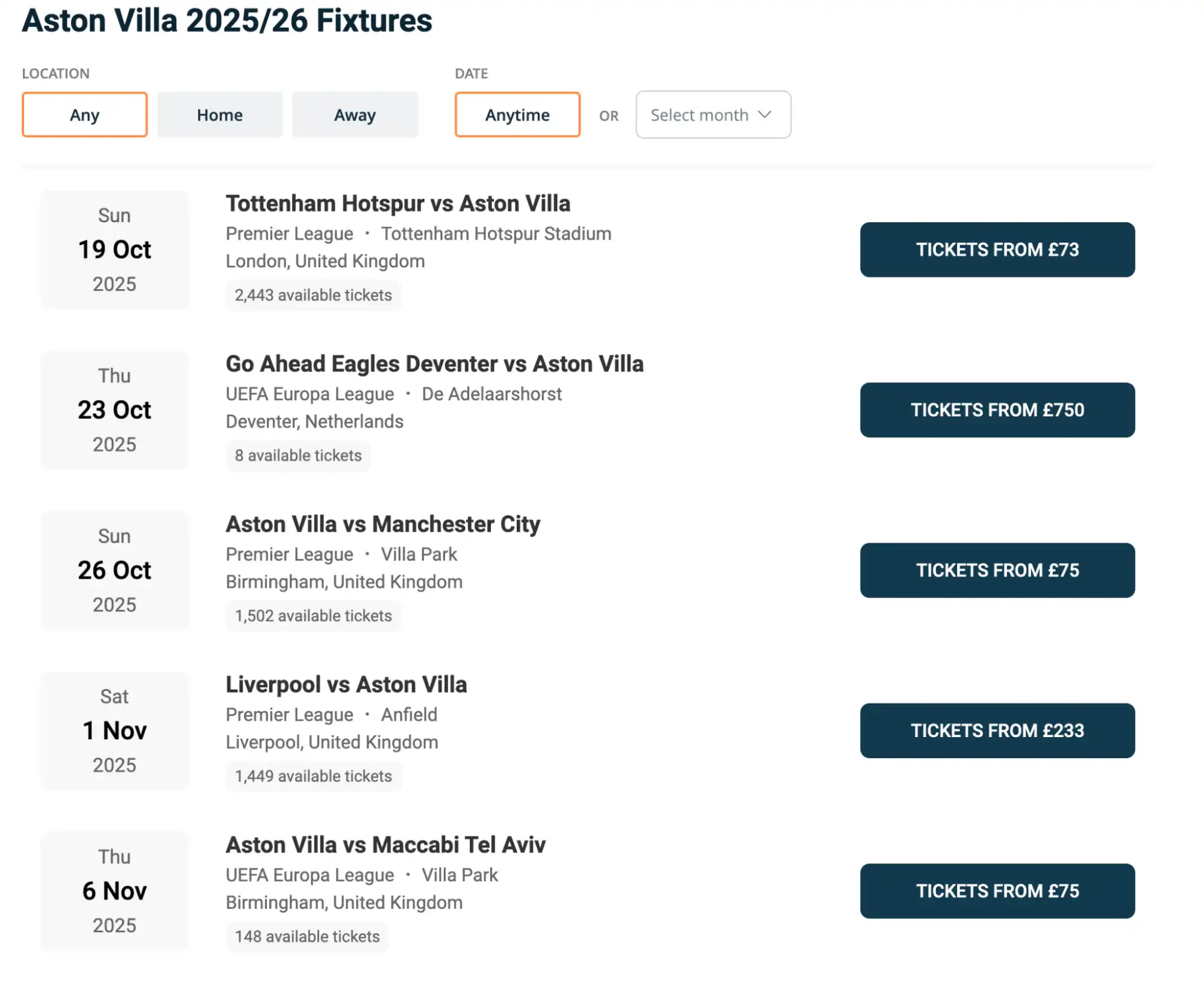 Aston Villa Fixtures screenshot