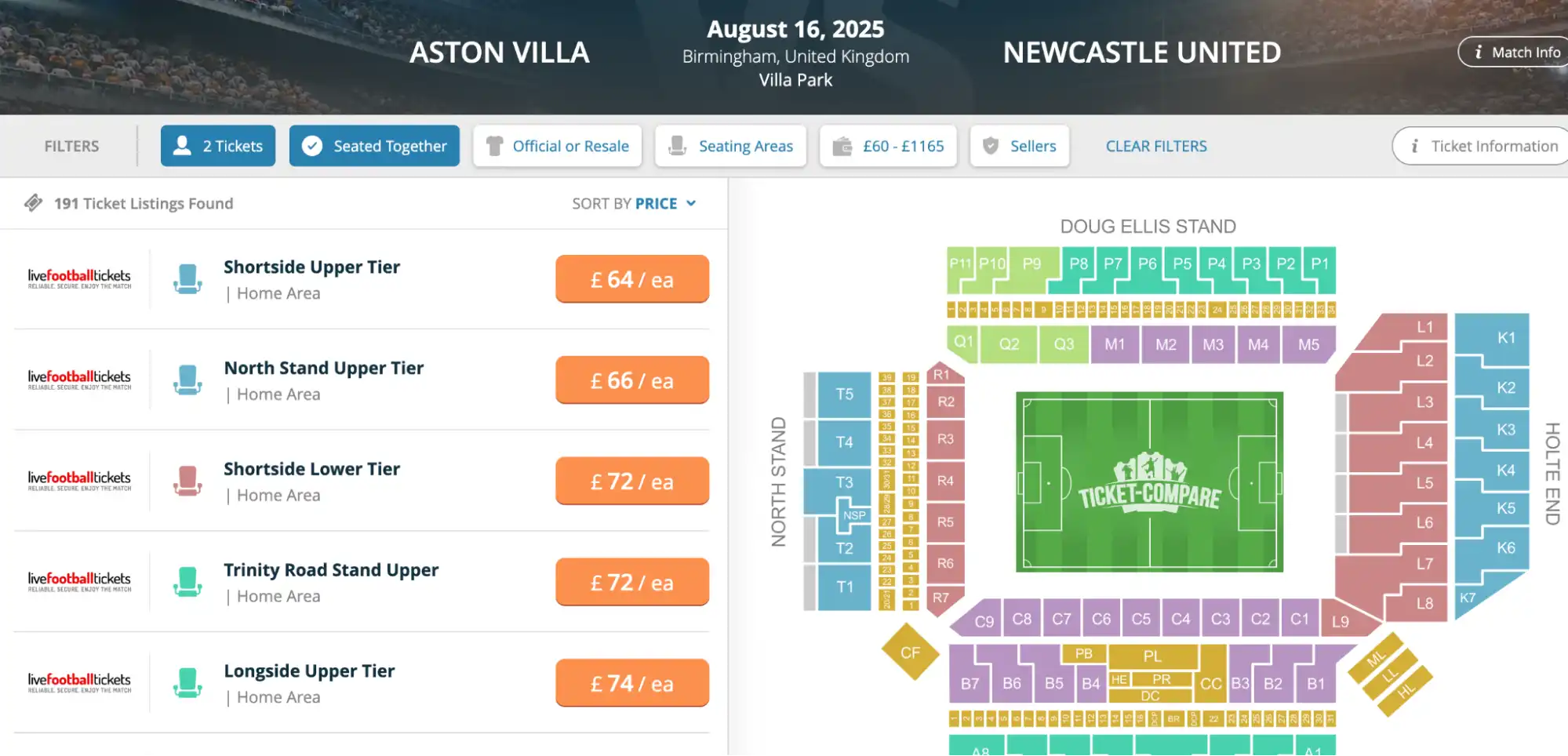 Screenshot Villa vs Newcastle Ticketseite