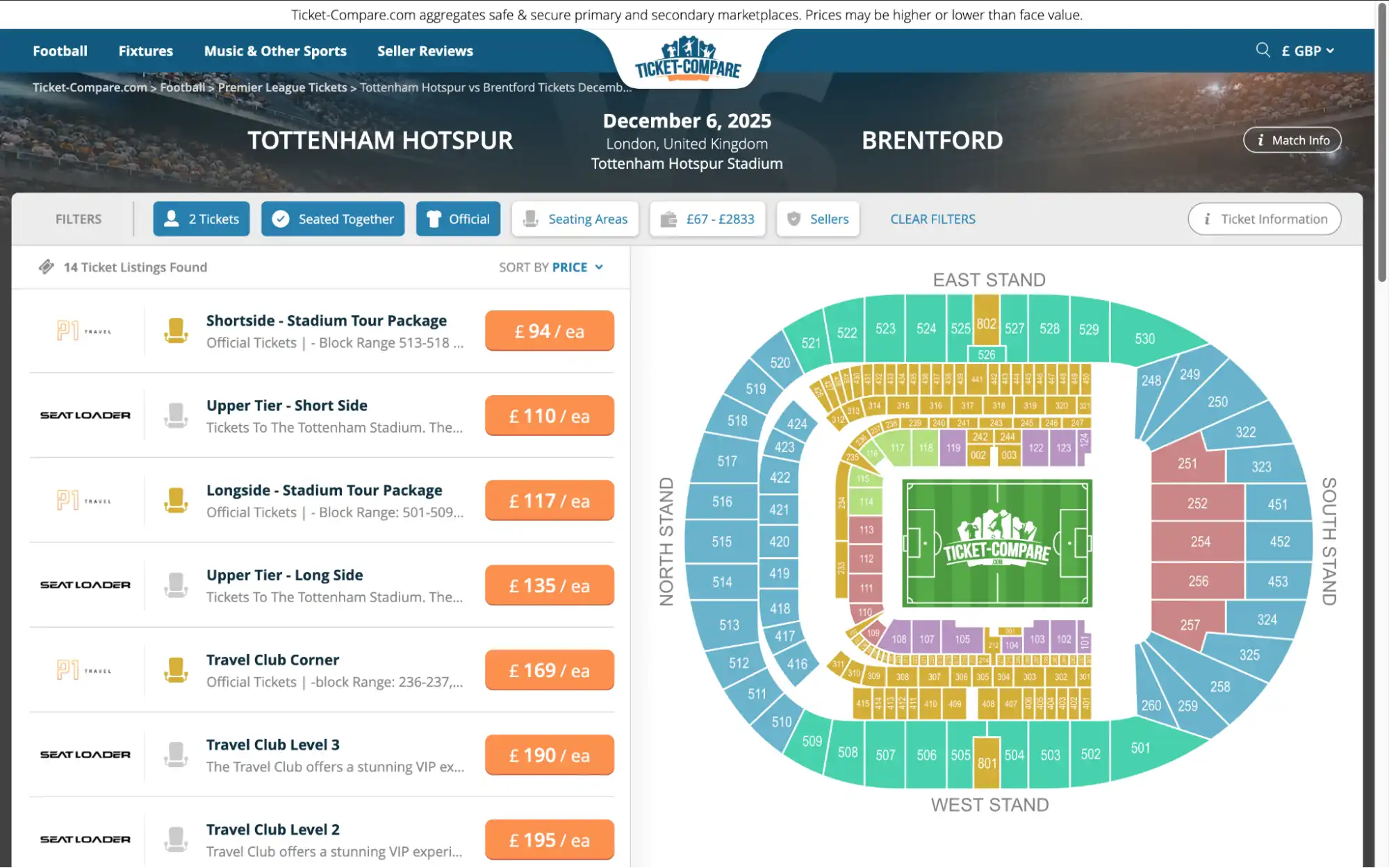 screenshot of Tottenham Hotspur vs Brentford tickets on ticket-compare.com website