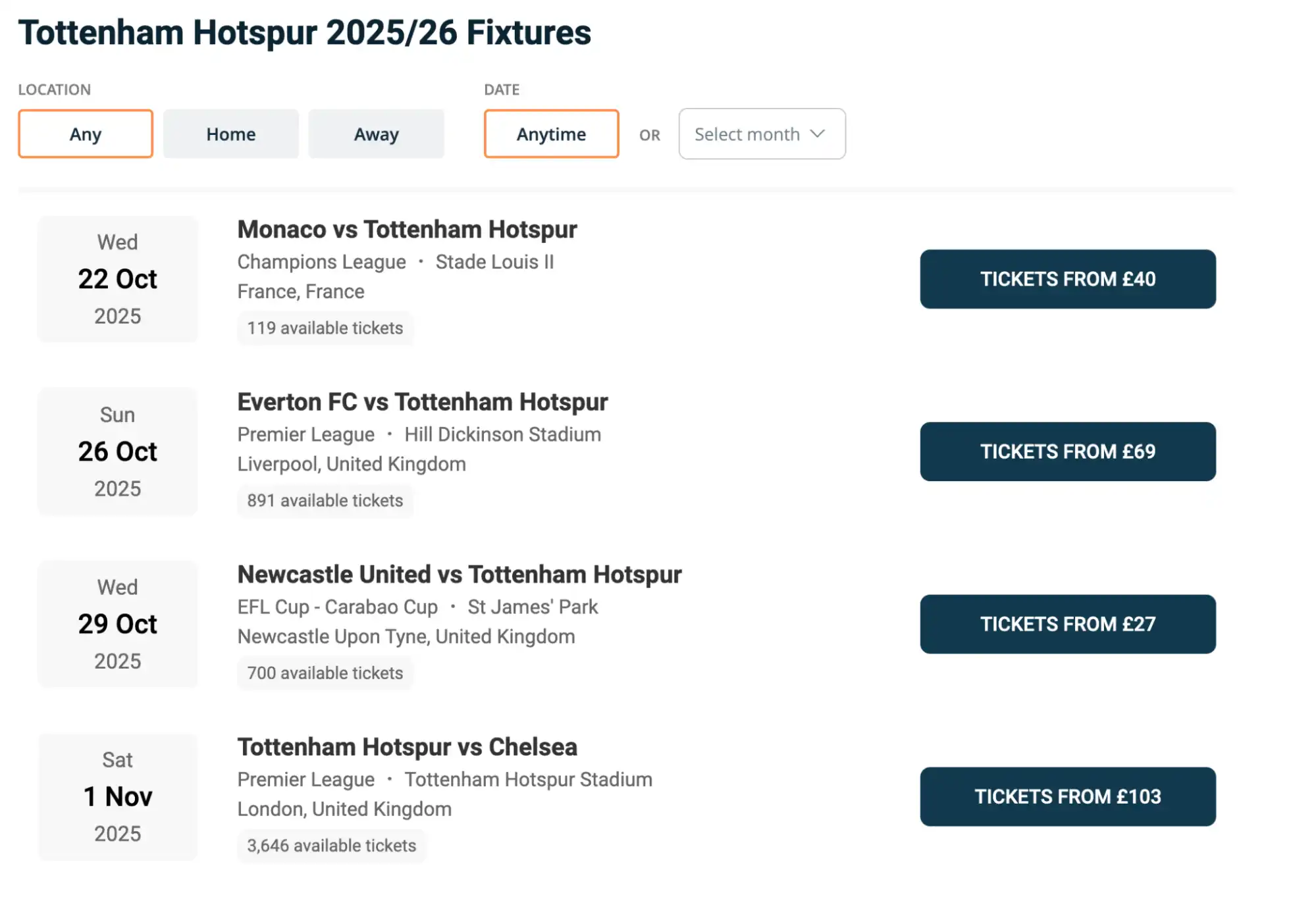 screenshot Tottenham Hotspur Fixtures