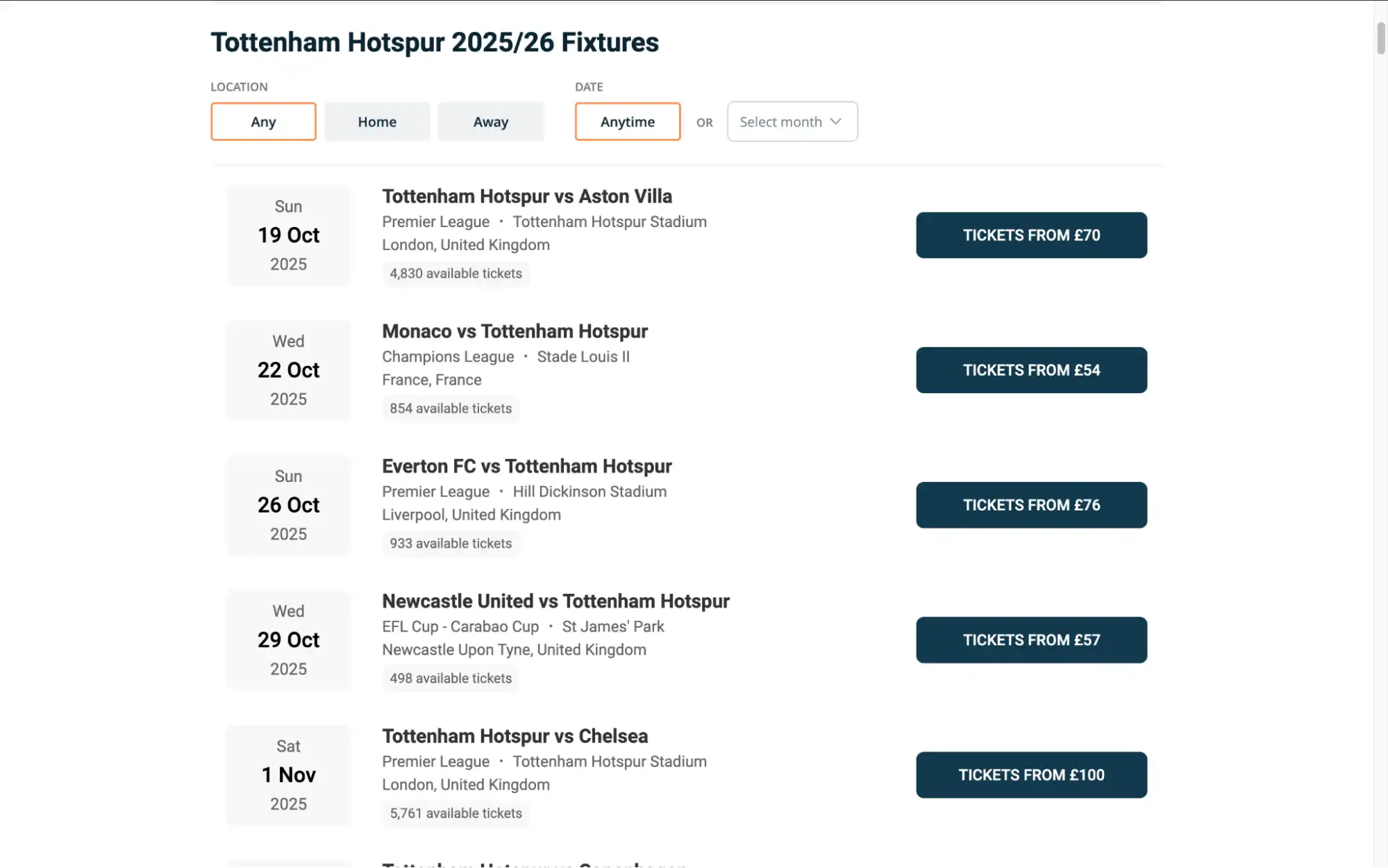 screenshot of Tottenham Hotspur fixtures on Ticket-compare.com