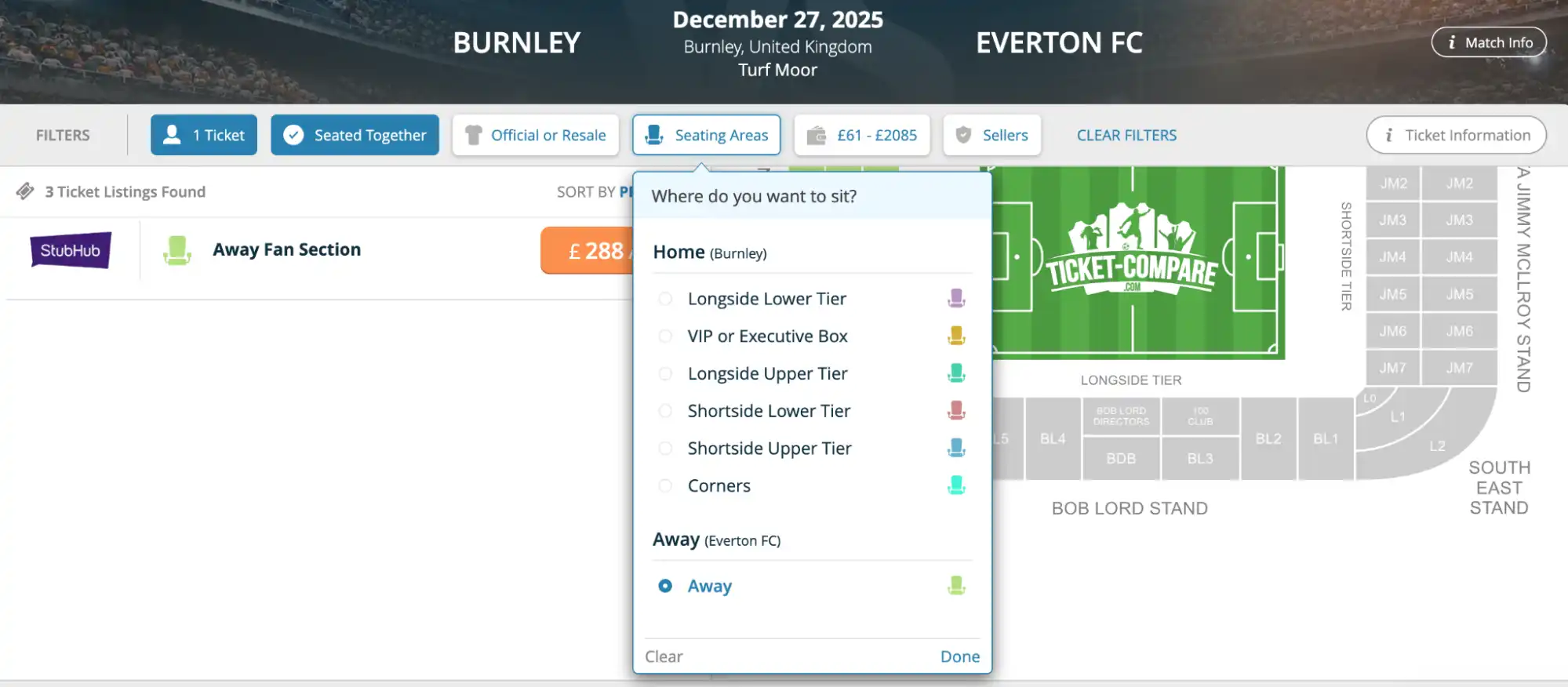 screenshot Heim/Auswärts Filter Burnley VS Everton