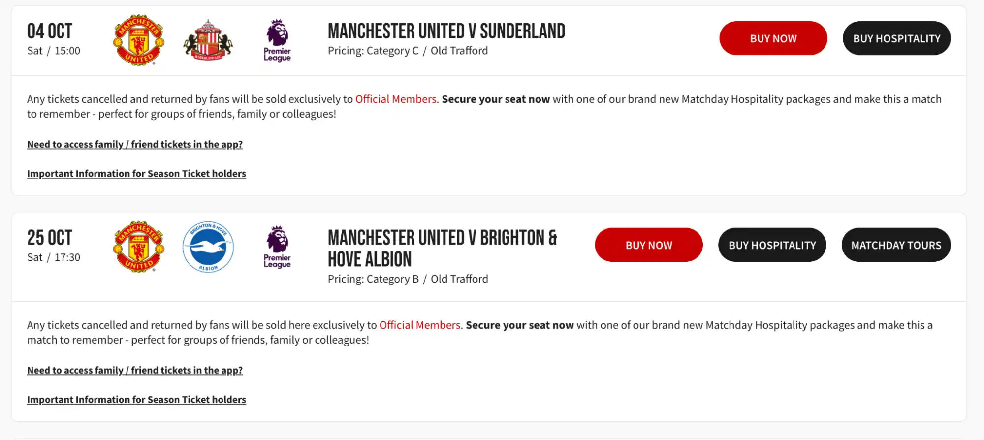 screenshot of Manchester United fixtures on official website