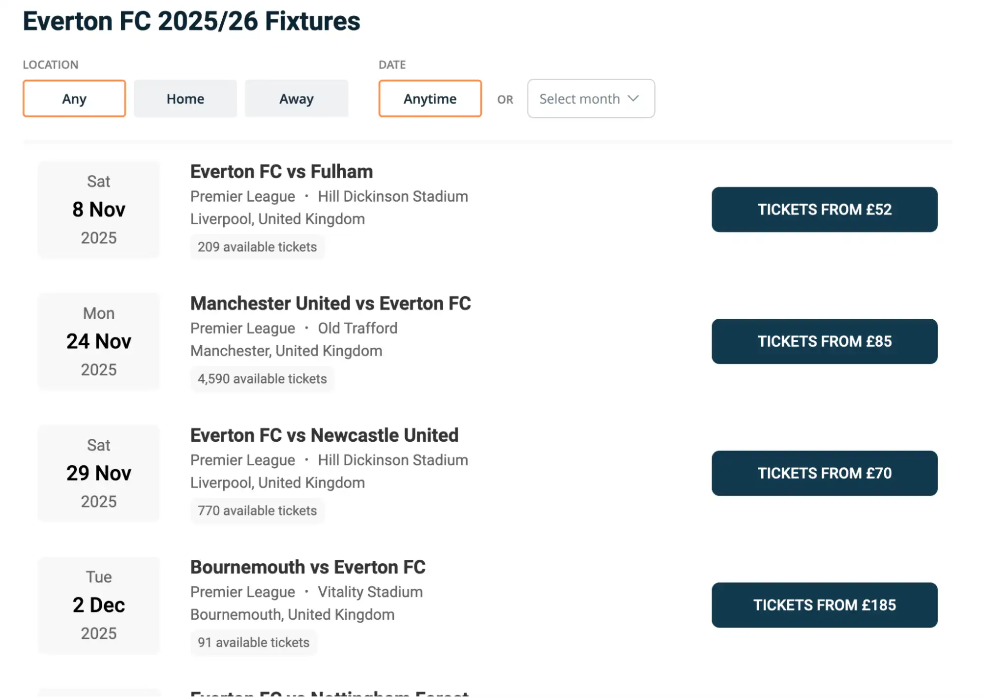 screenshot of Everton FC fixtures