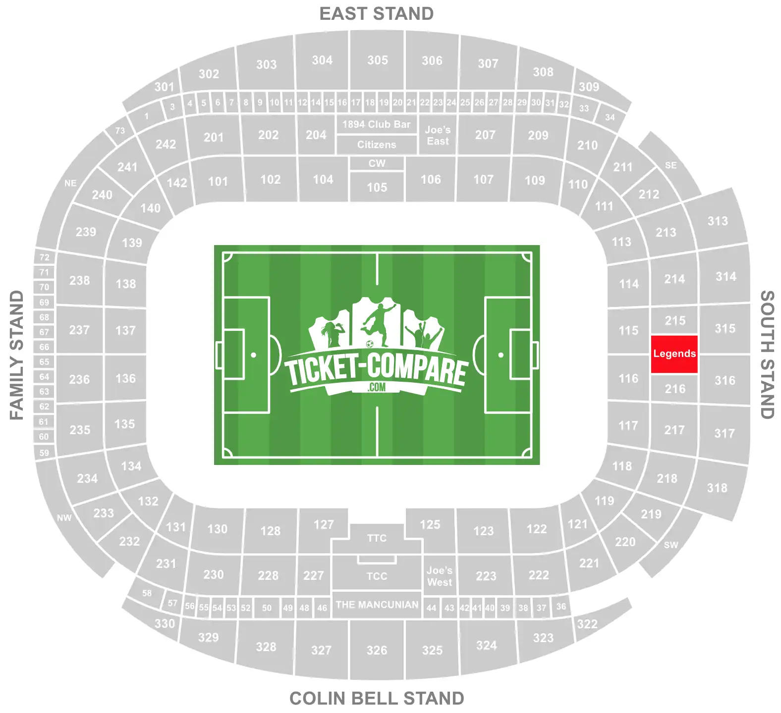 ScreenShot of Etihad Stadium seating plan with the Legends stand highlighted