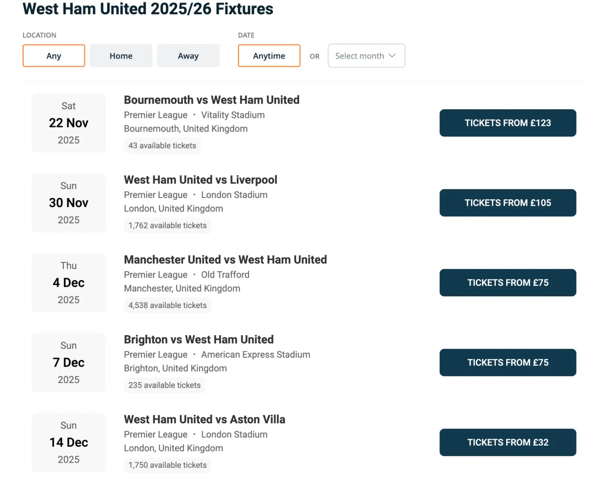 West Ham Spielplan Screenshot