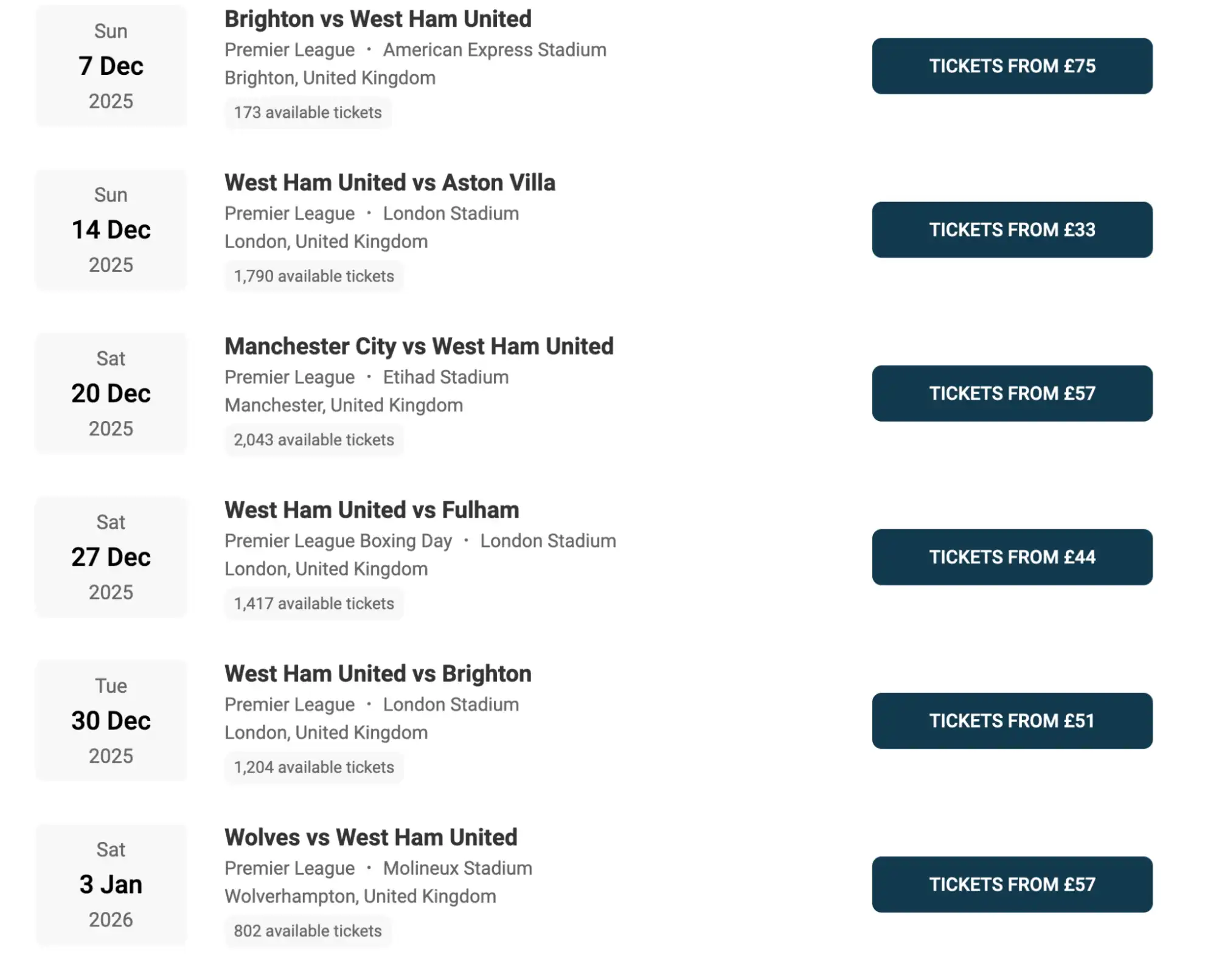 West Ham Fixtures