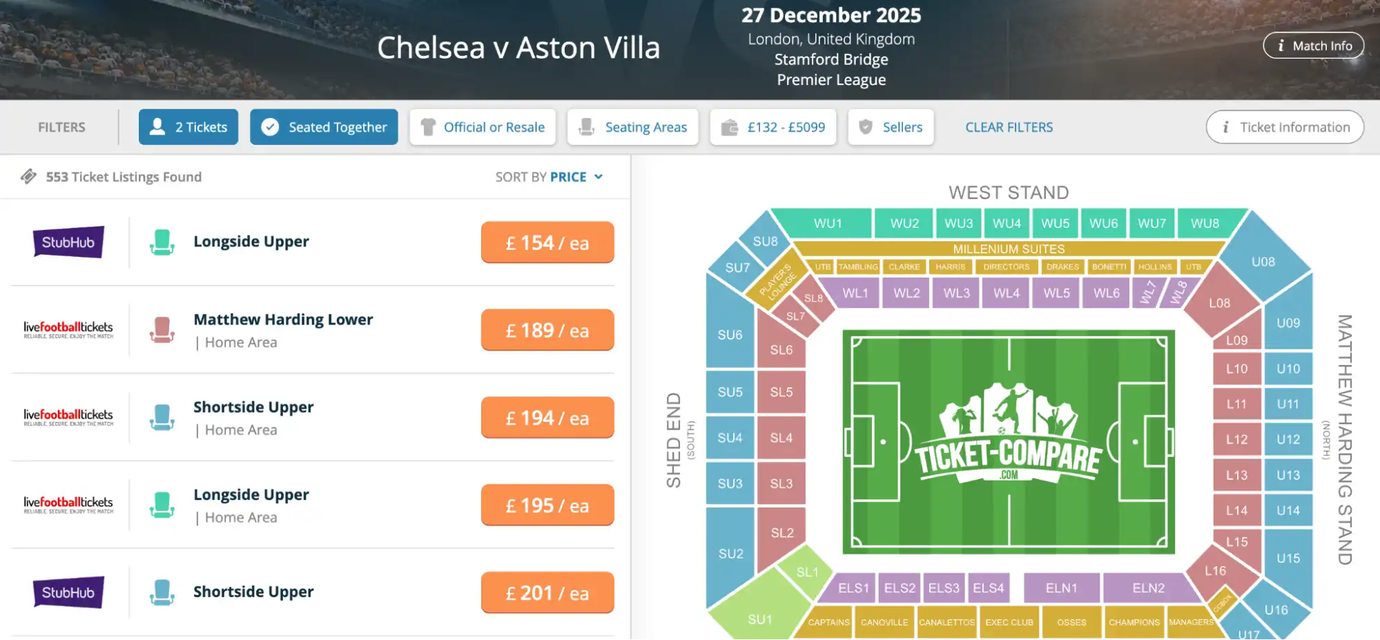 screenshot of Chelsea v Aston Villa match tickets