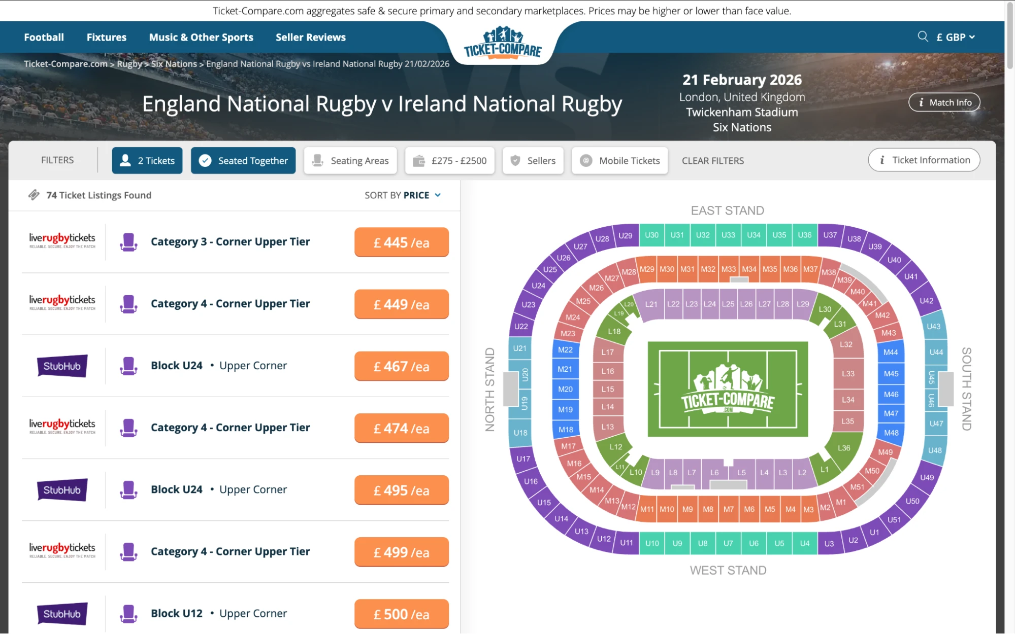 Screenshot of England National Rugby v Ireland National Rugby tickets page