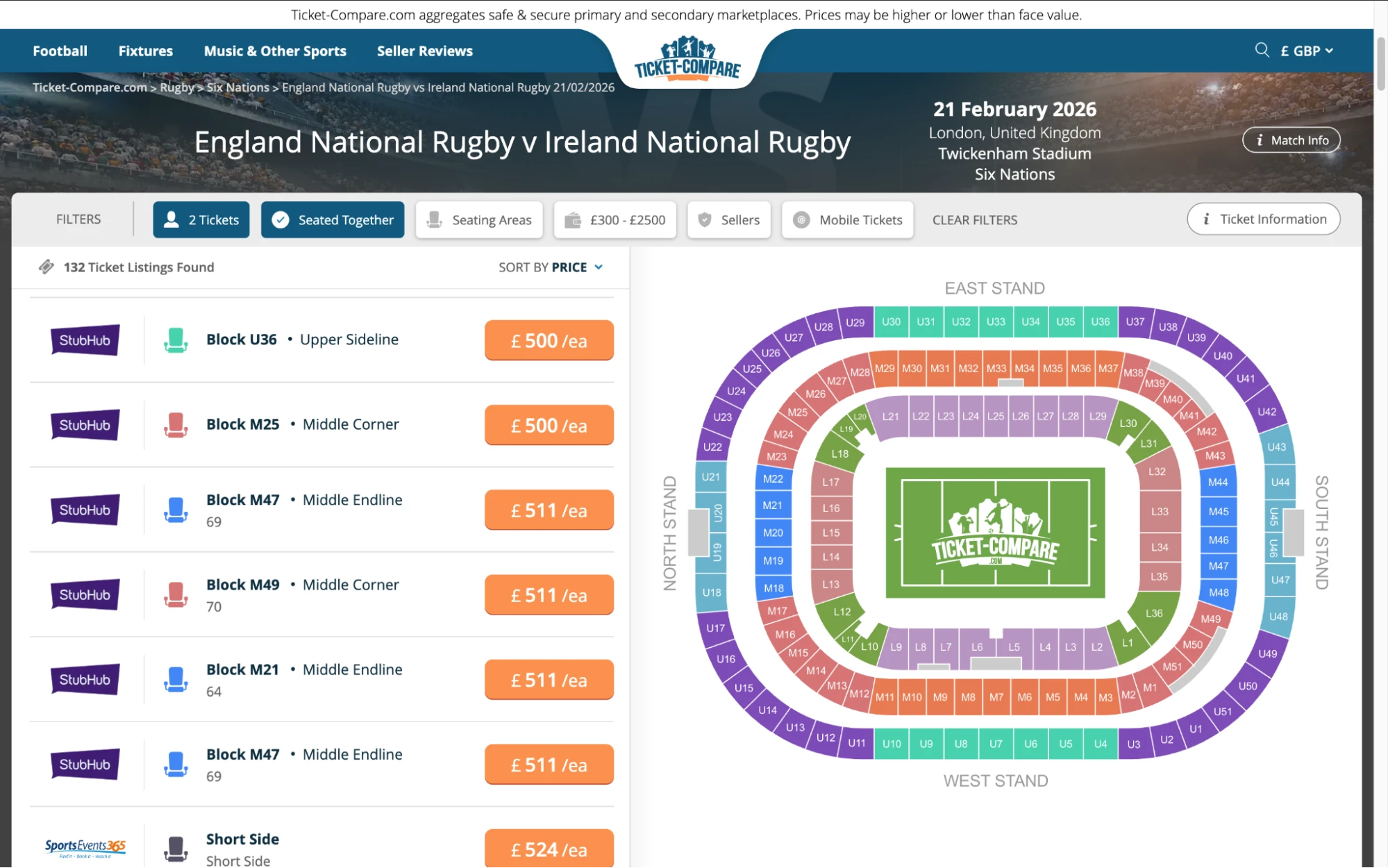 Screenshot of England National Rugby v Ireland National Rugby tickets page