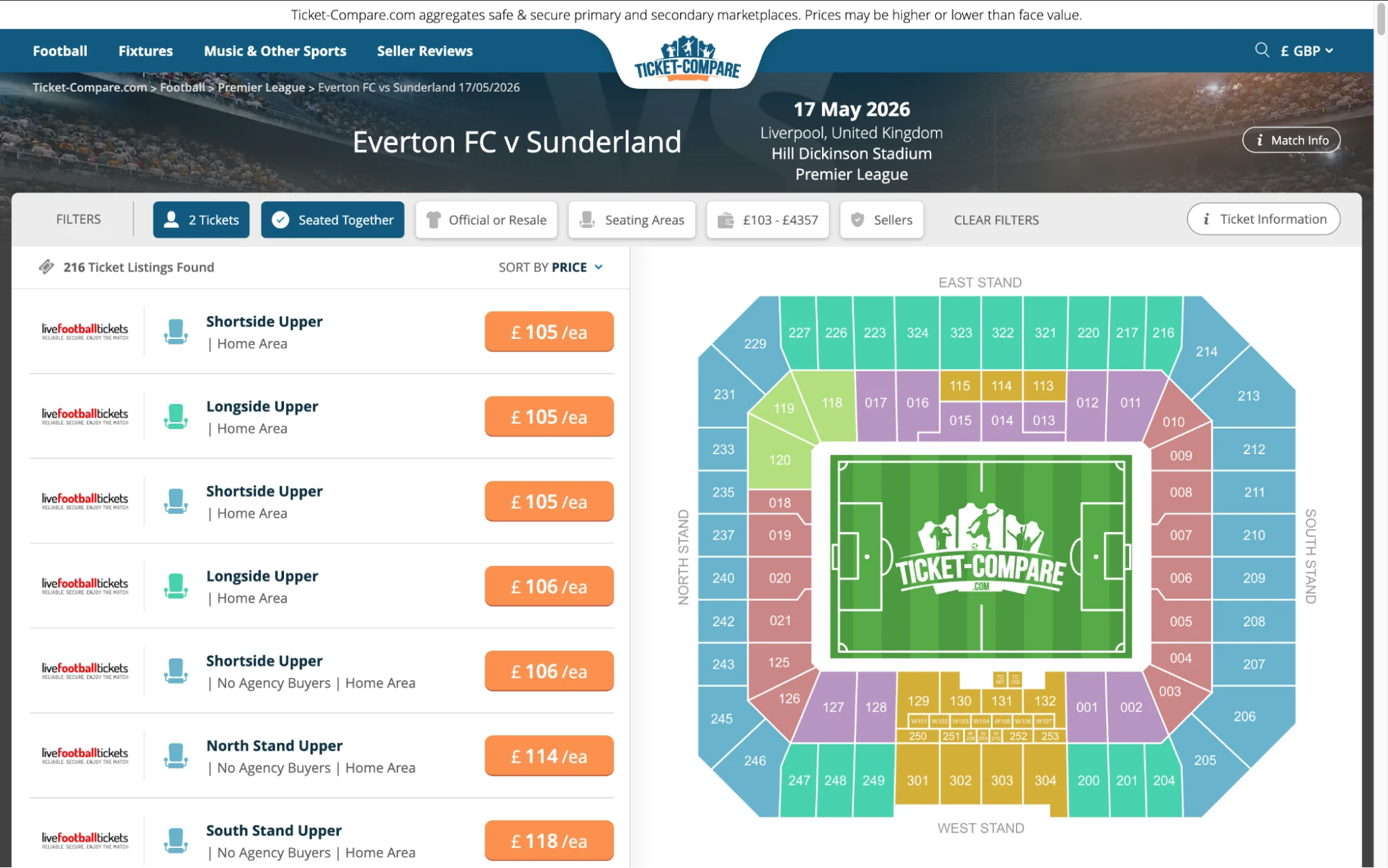 Screenshot: Everton vs Sunderland Tickets Übersicht