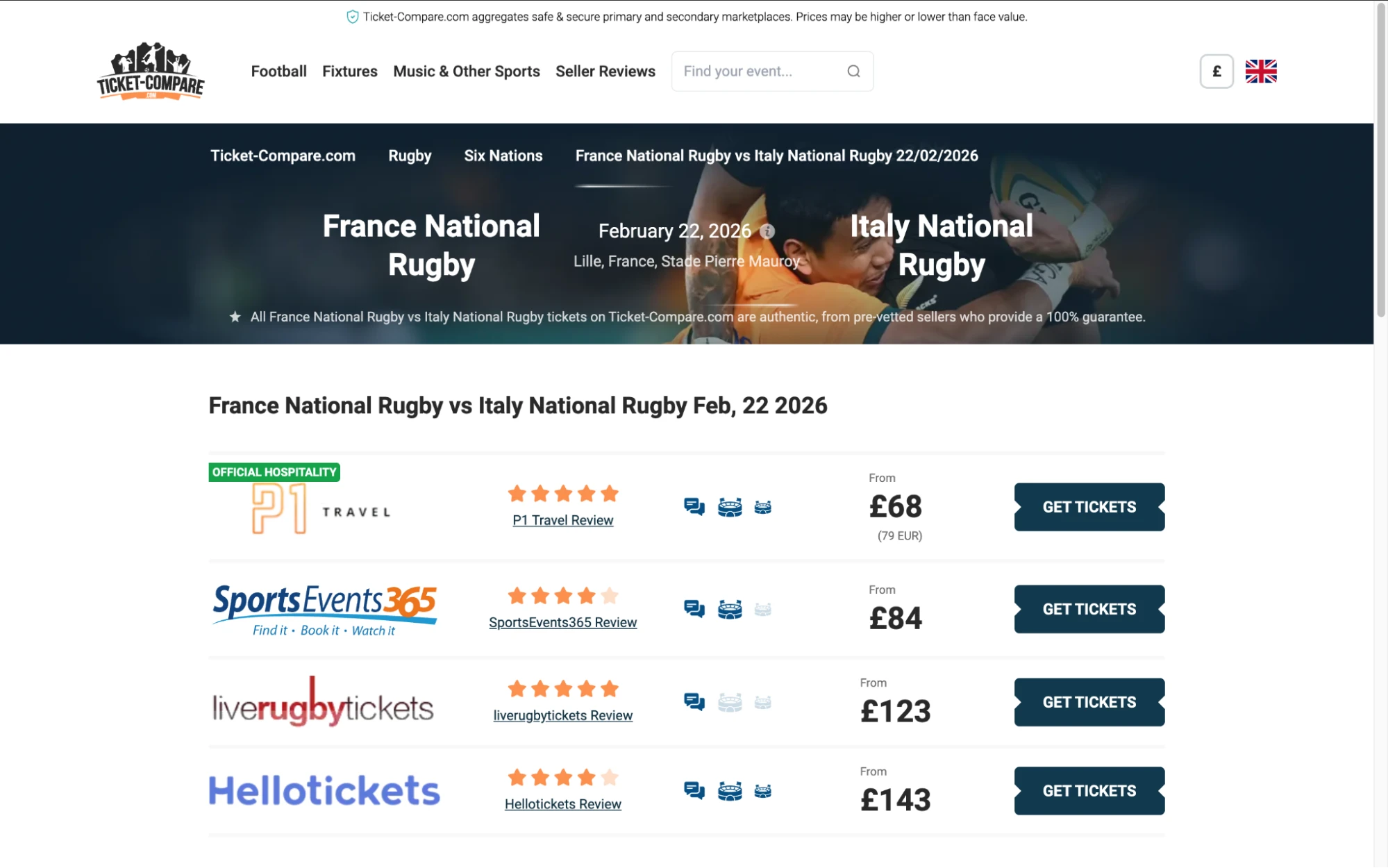 Screenshot of France National Rugby v Italy National Rugby tickets page