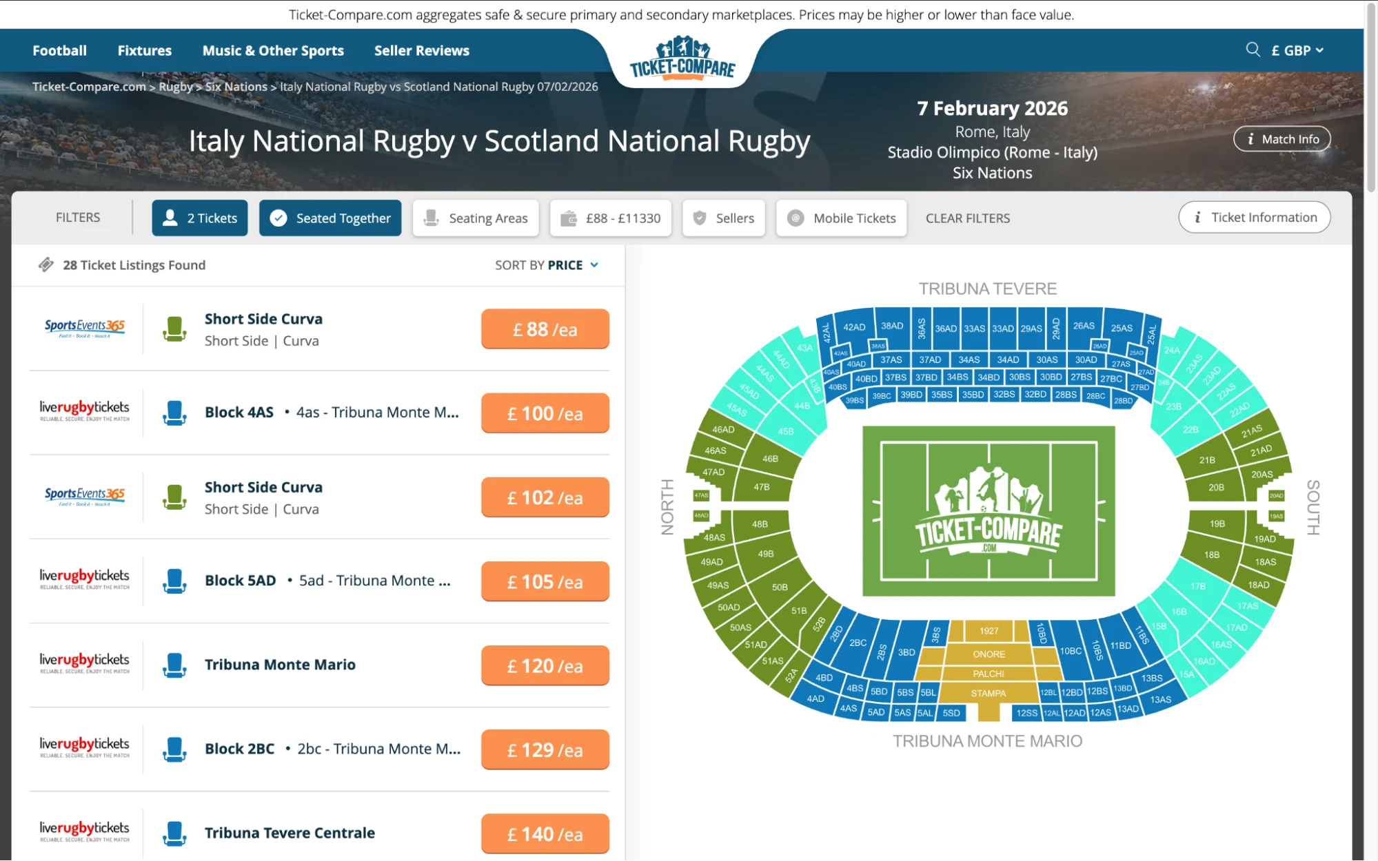 Screenshot of Italy National Rugby v Scotland National Rugby tickets page