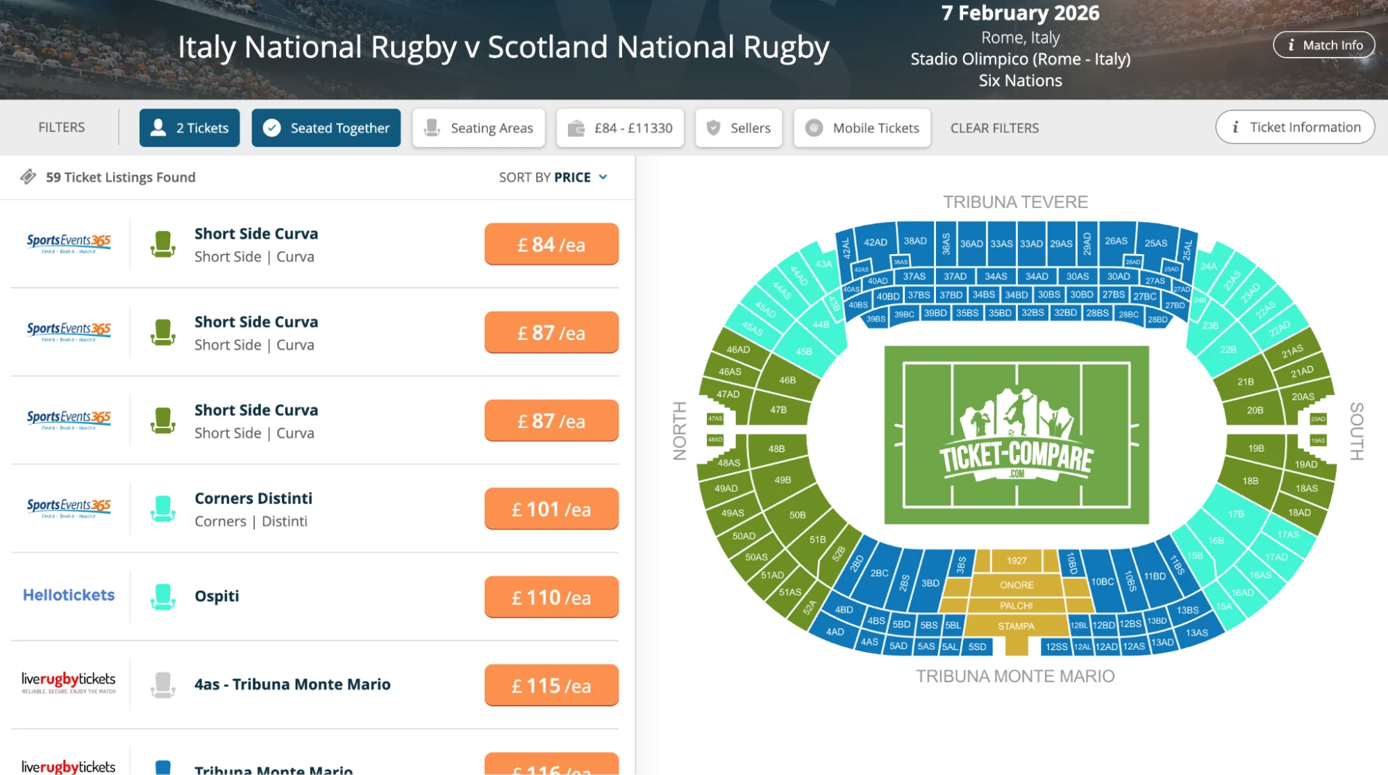 Screenshot of Italy National Rugby v Scotland National Rugby tickets page on Ticket-Compare.com