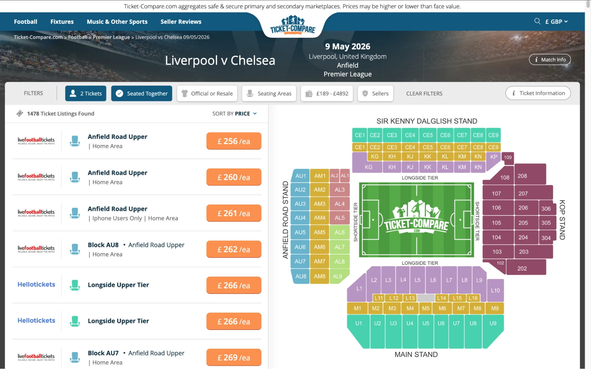 Screenshot of Liverpool v Chelsea tickets page