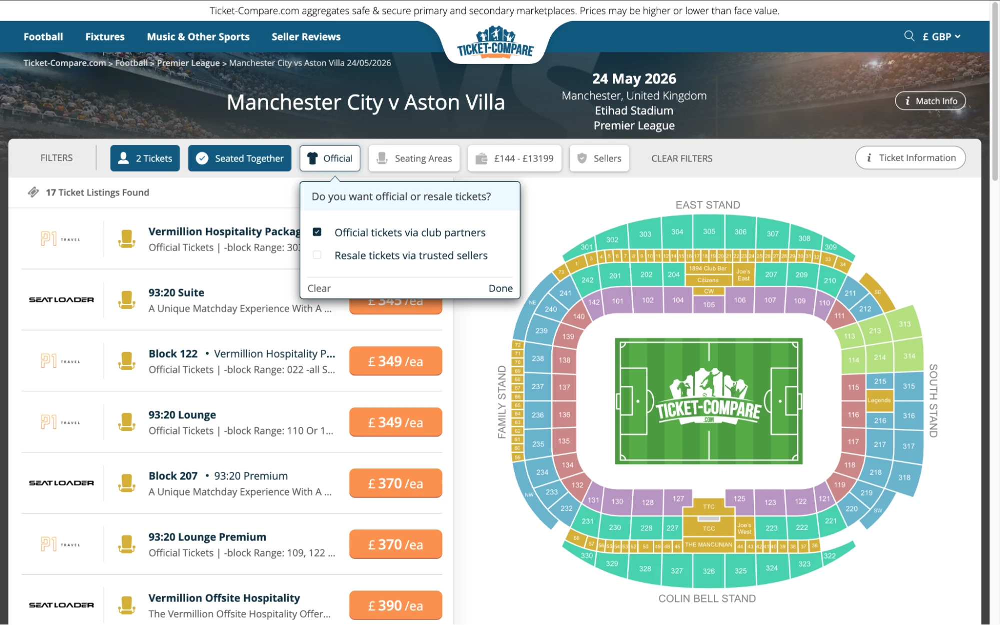 Screenshot Manchester City v Aston Villa Tickets Seite