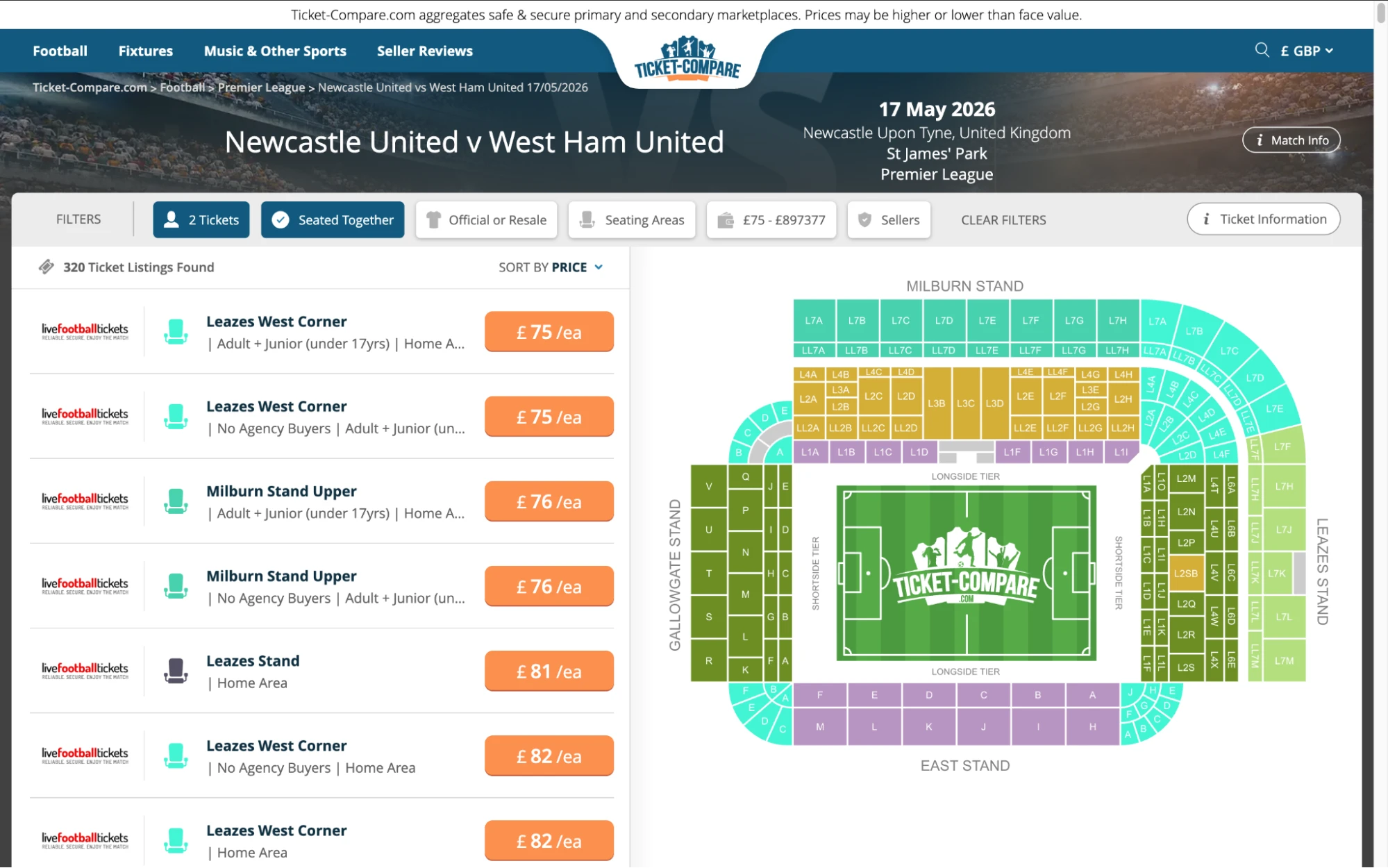 Screenshot Newcastle United v West Ham Ticketübersicht