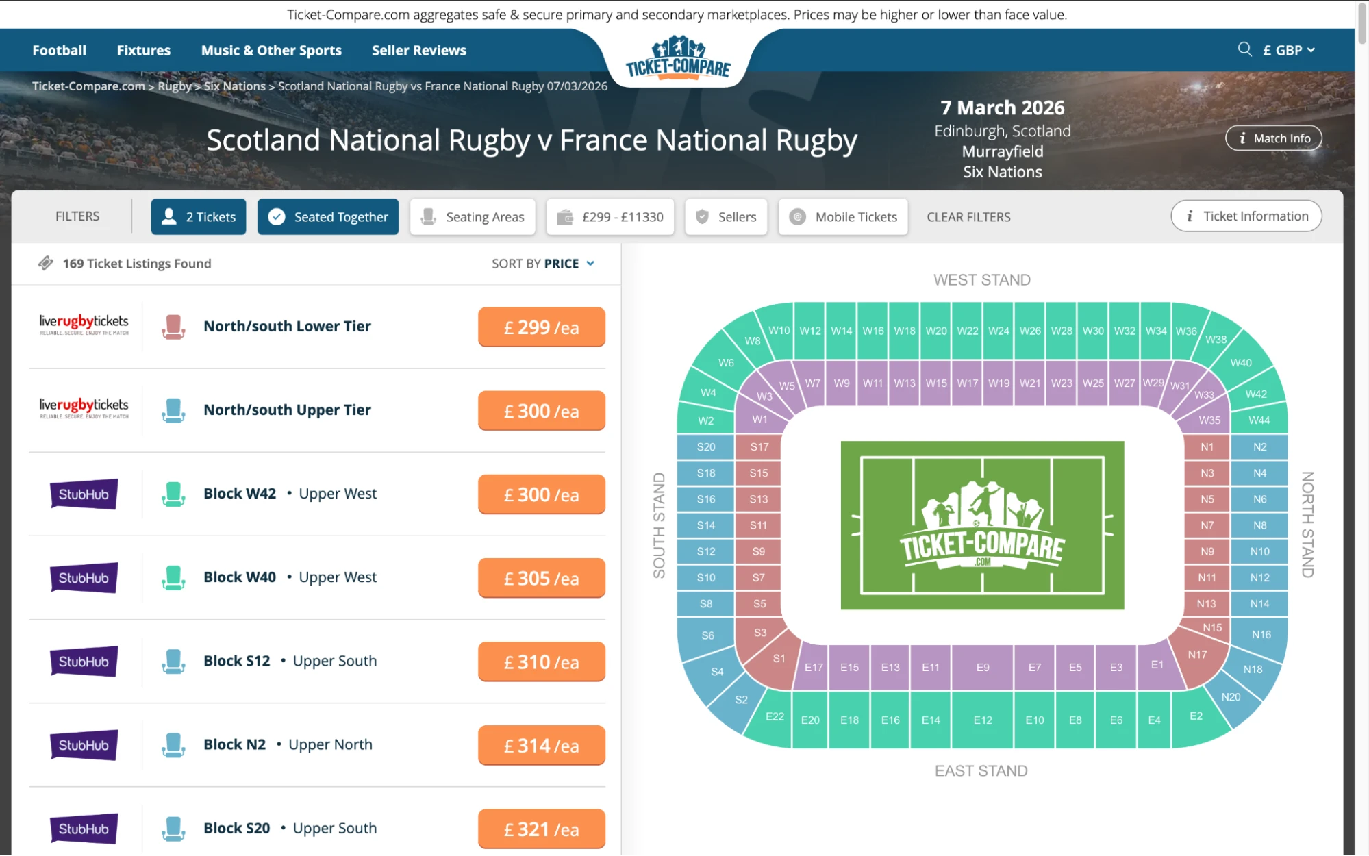 Screenshot der Ticketseite Schottland vs. Frankreich Six Nations Rugby