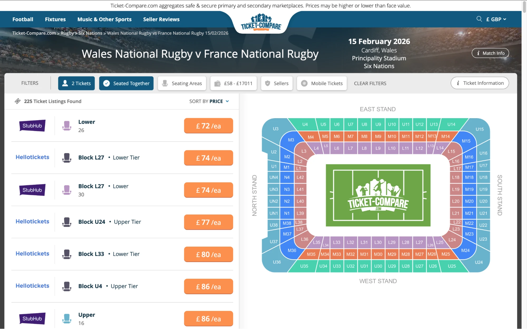 Screenshot of Wales National Rugby v France National Rugby tickets page
