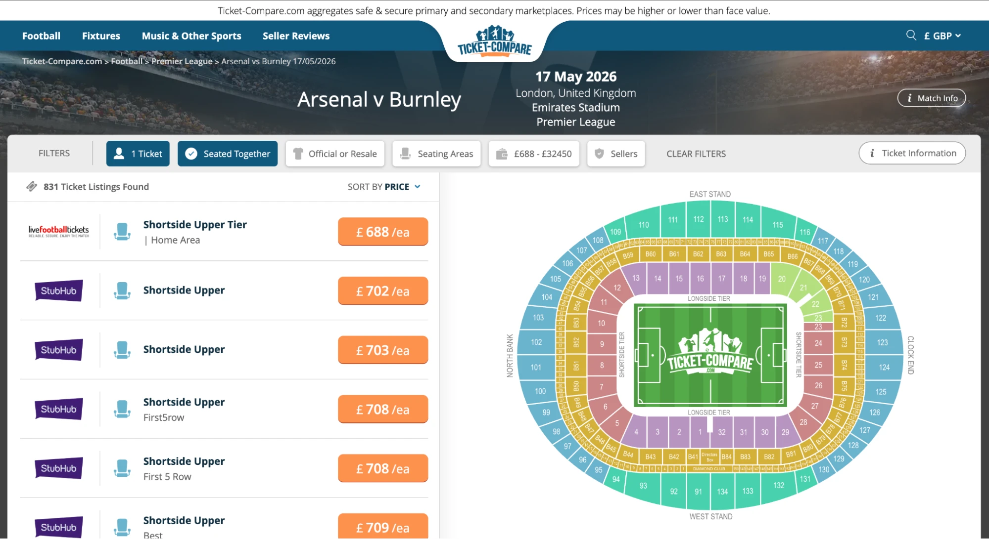 Screenshot of Arsenal v Burnley tickets page