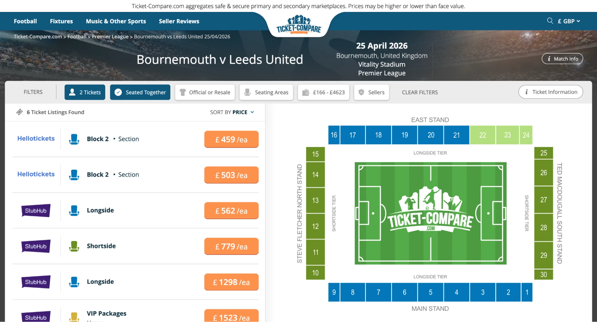 Screenshot of Bournemouth v Leeds United Tickets