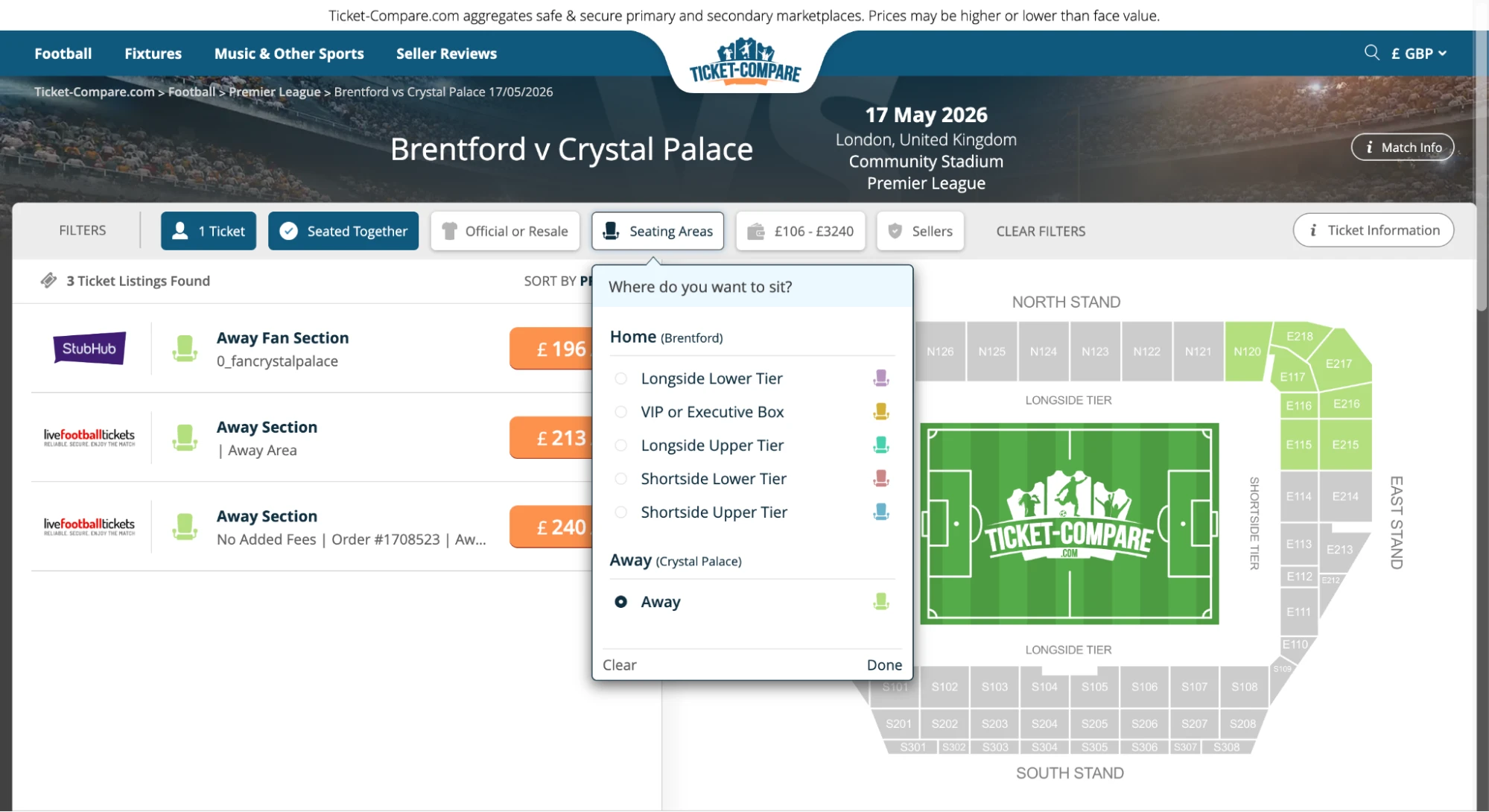 Screenshot von Sitzplatzbereichen für Brentford gegen Crystal Palace auf Ticket-Compare.com
