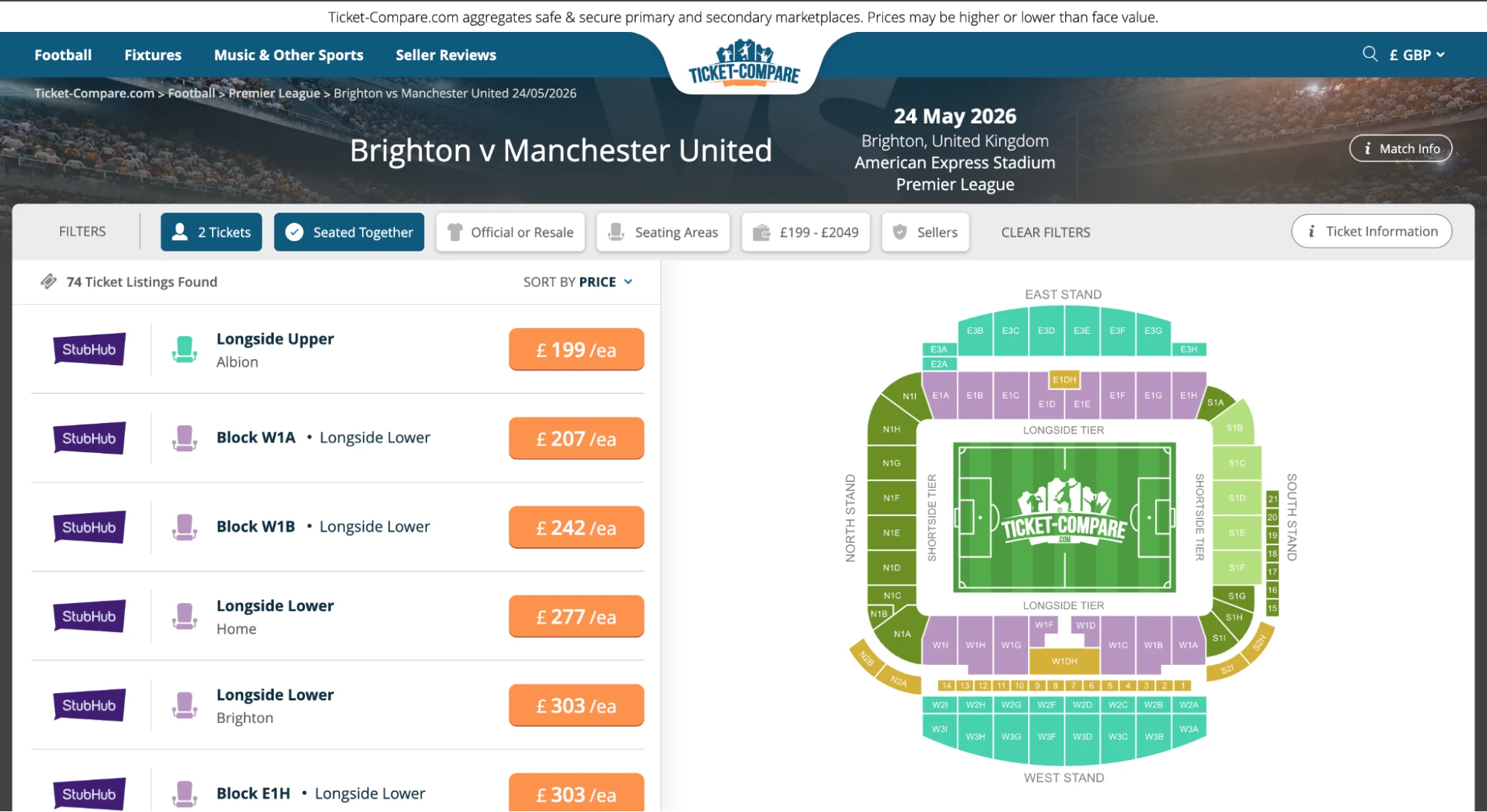 Screenshot: Brighton vs Manchester United Tickets Übersicht