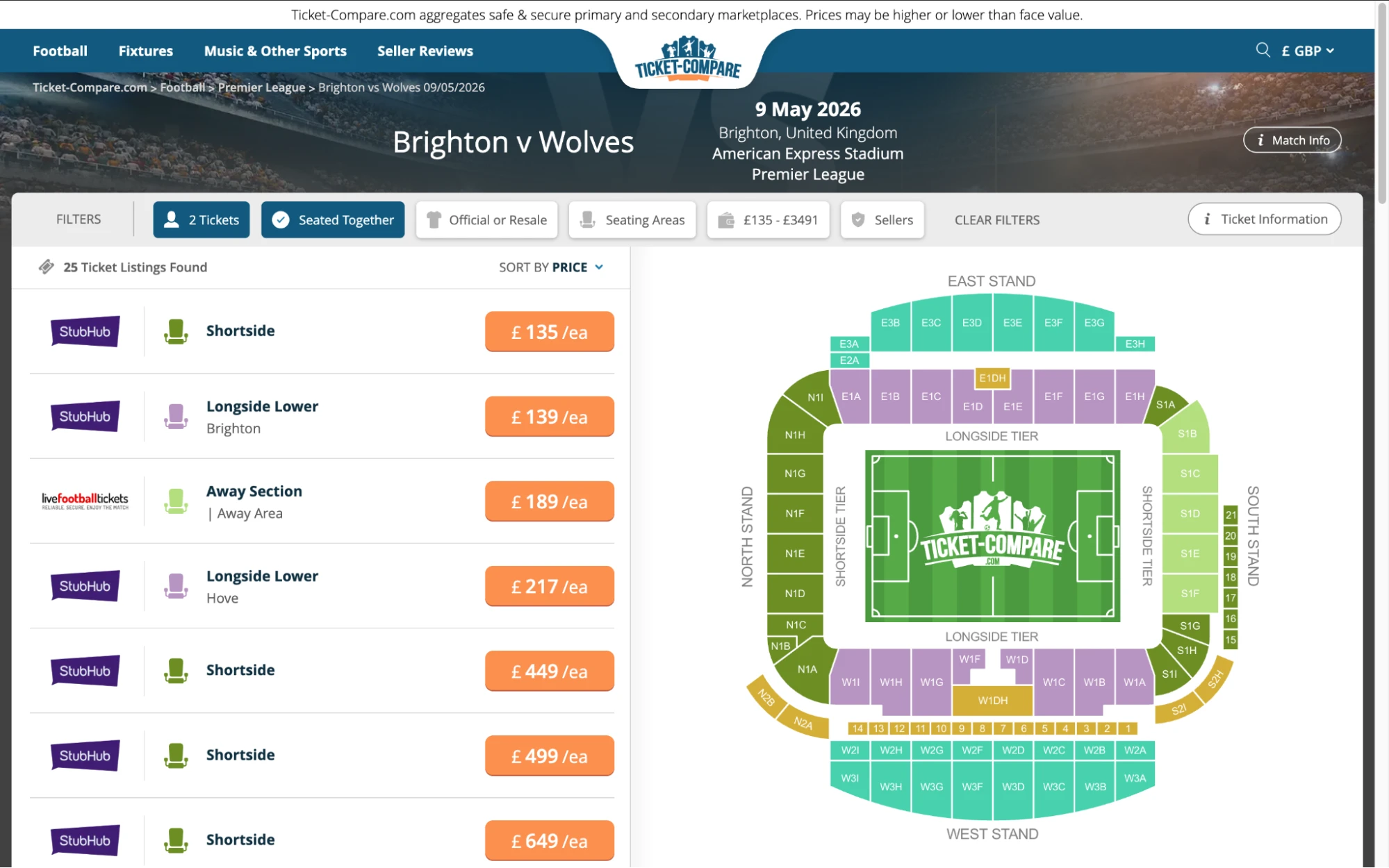 Screenshot der Brighton v Wolves Ticketseite auf Ticket-Compare.com
