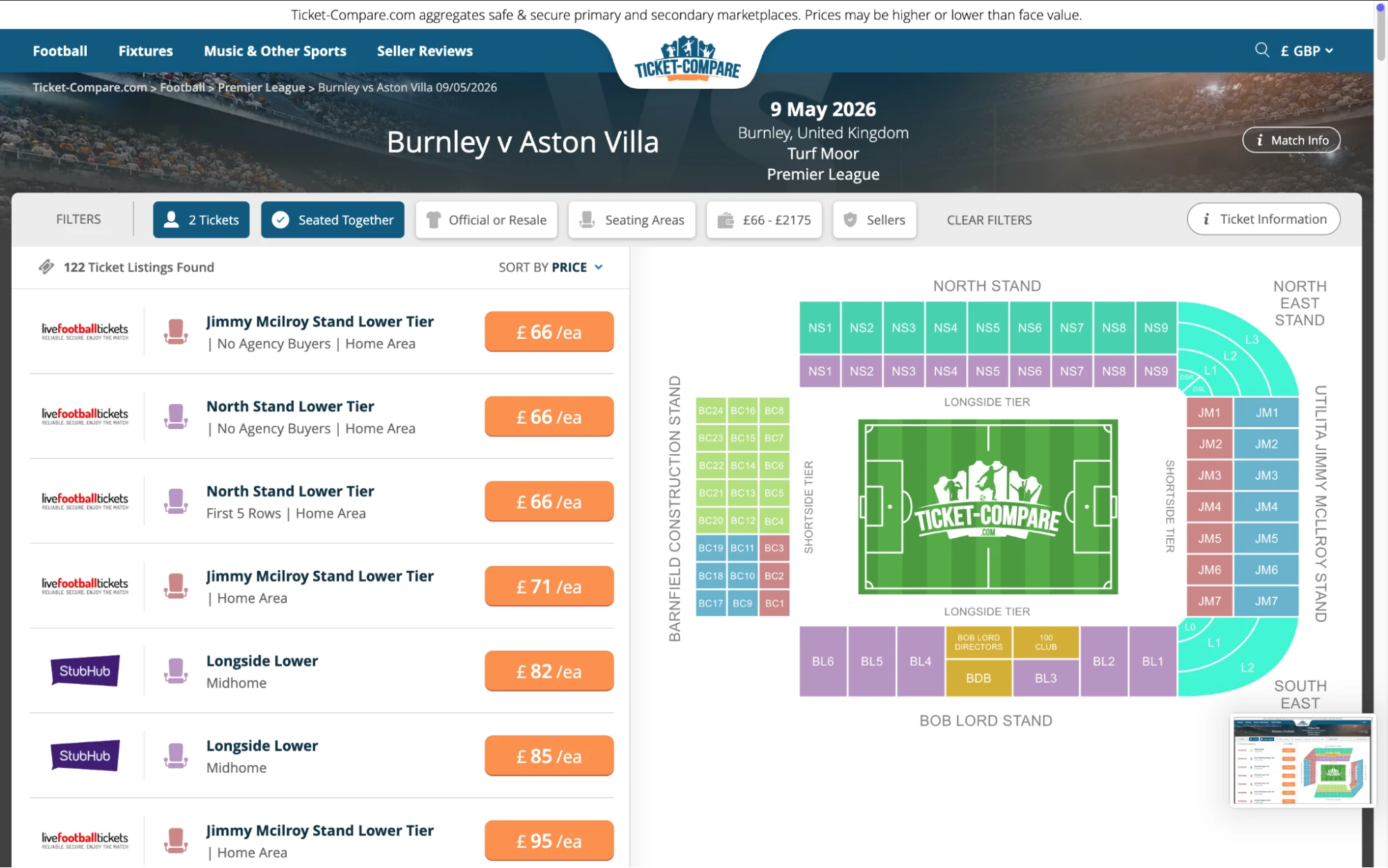 Screenshot von Burnley vs. Aston Villa Ticketseite